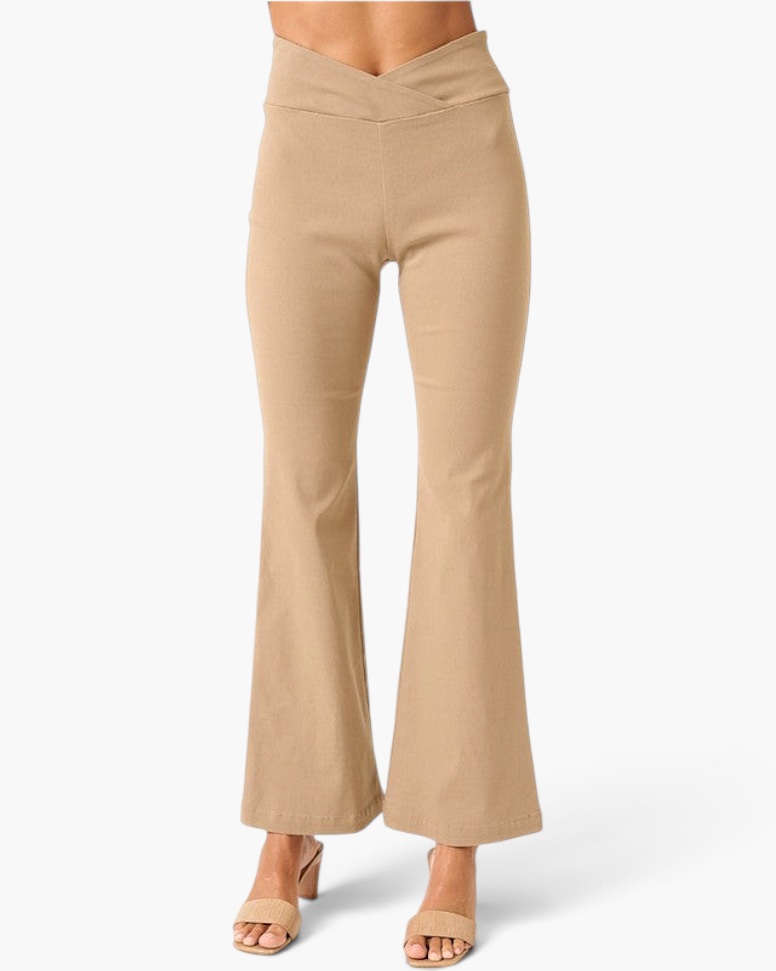 Beach Rose Co. mocha high-rise flare pants with a crossover V-waist in soft stretch fabric.