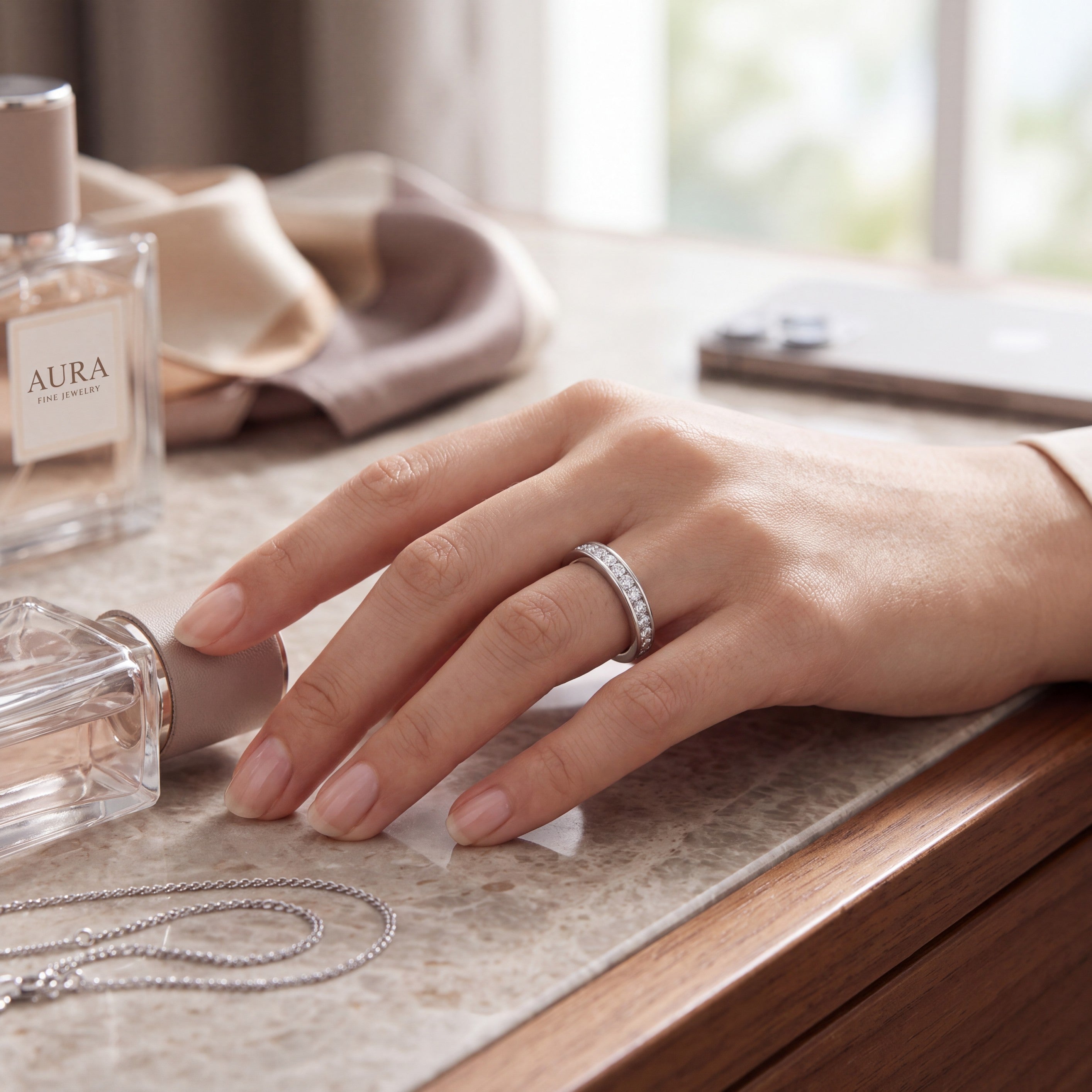 Beach Rose Co. platinum-plated sterling silver band ring with 0.57 carat moissanite stones worn on a woman's finger.
