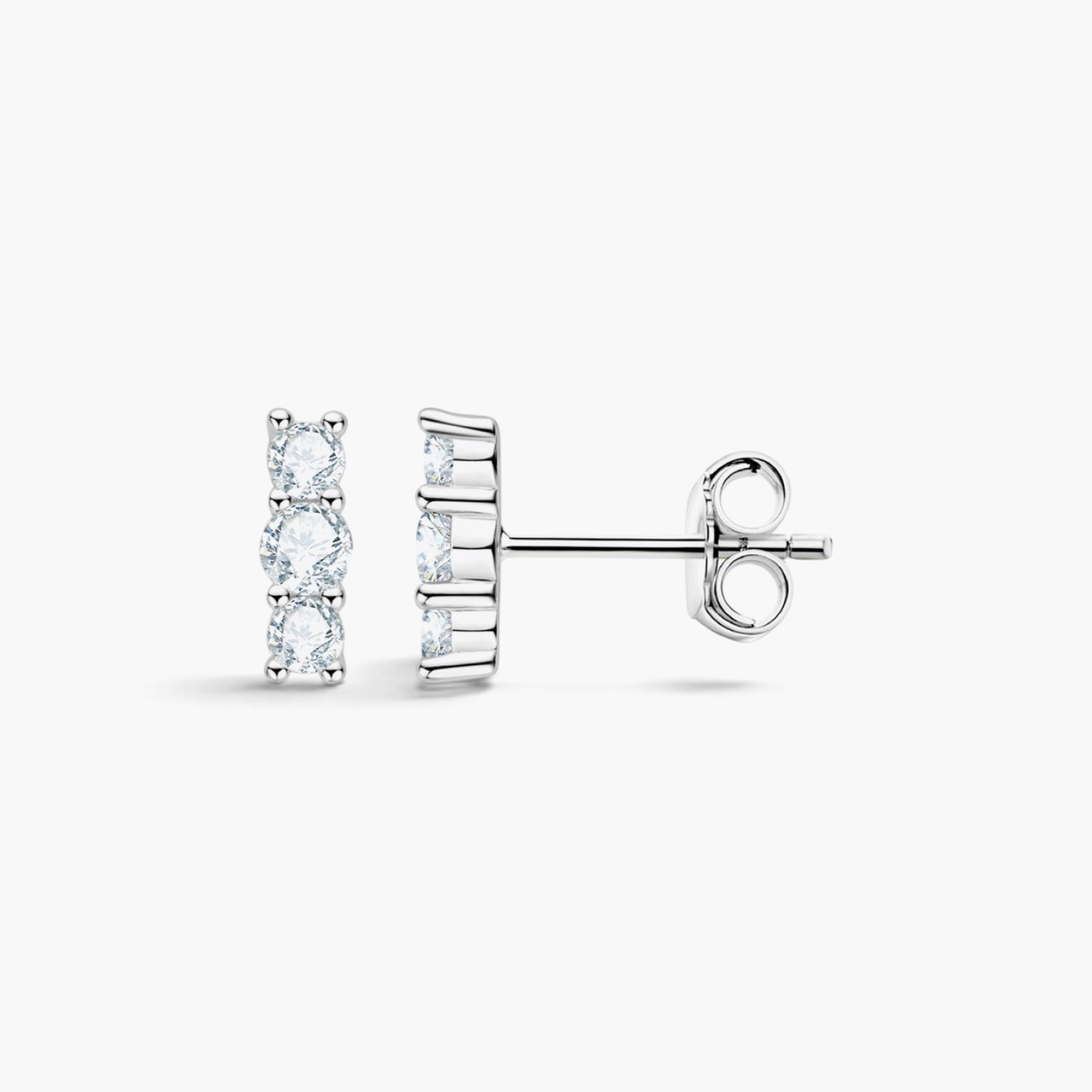 Beach Rose Co. three-stone moissanite bar stud earrings in sterling silver with a vertical prong-set design.