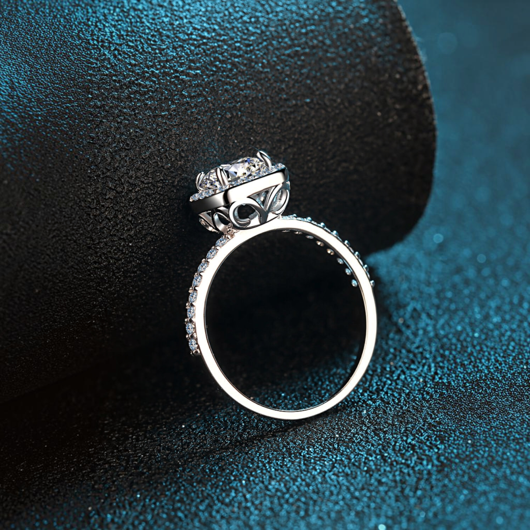Beach Rose Co. 1 carat round moissanite square halo ring in sterling silver with zircon accents and openwork detail