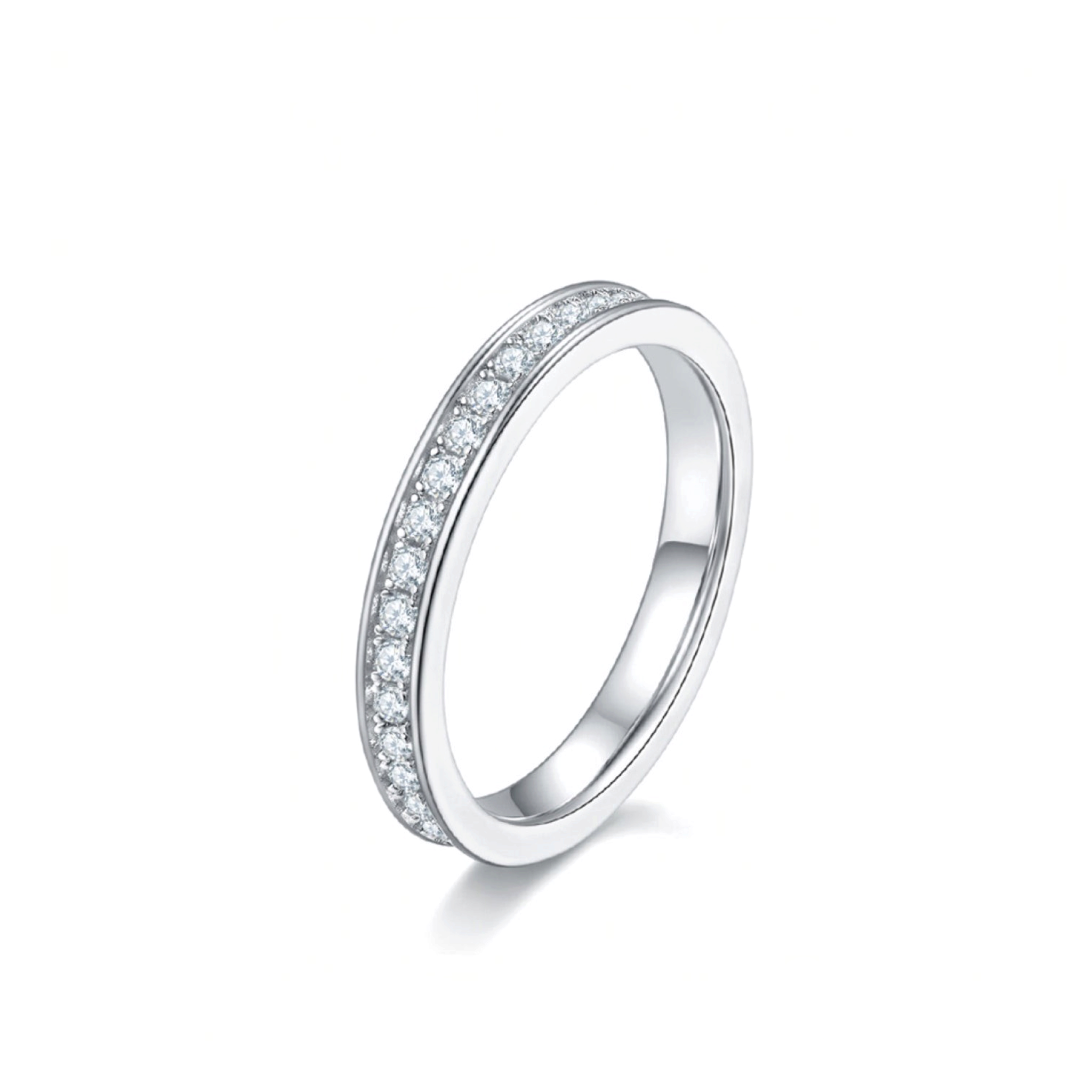 Beach Rose Co. platinum-plated sterling silver band ring featuring a row of 0.57 carat round moissanite stones.
