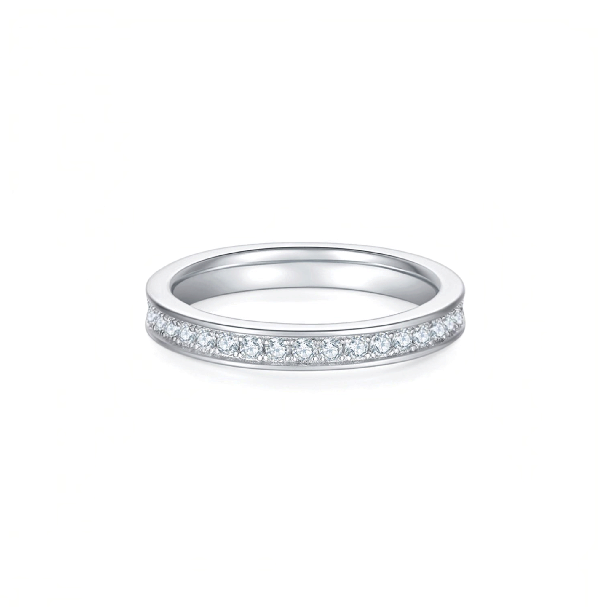 Beach Rose Co. platinum-plated sterling silver band ring featuring a delicate row of 0.57 carat round moissanite.
