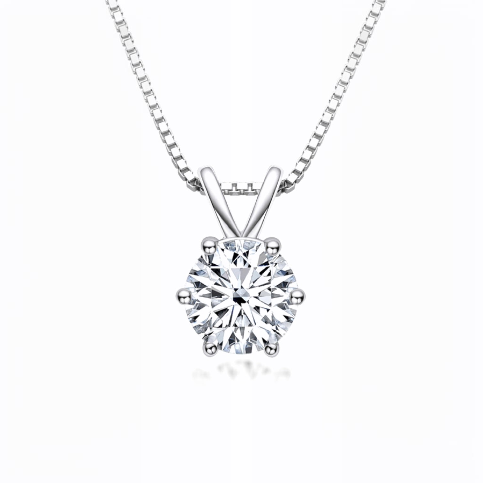 Beach Rose Co. 1 carat round moissanite solitaire necklace in sterling silver with a six-prong setting and box chain.