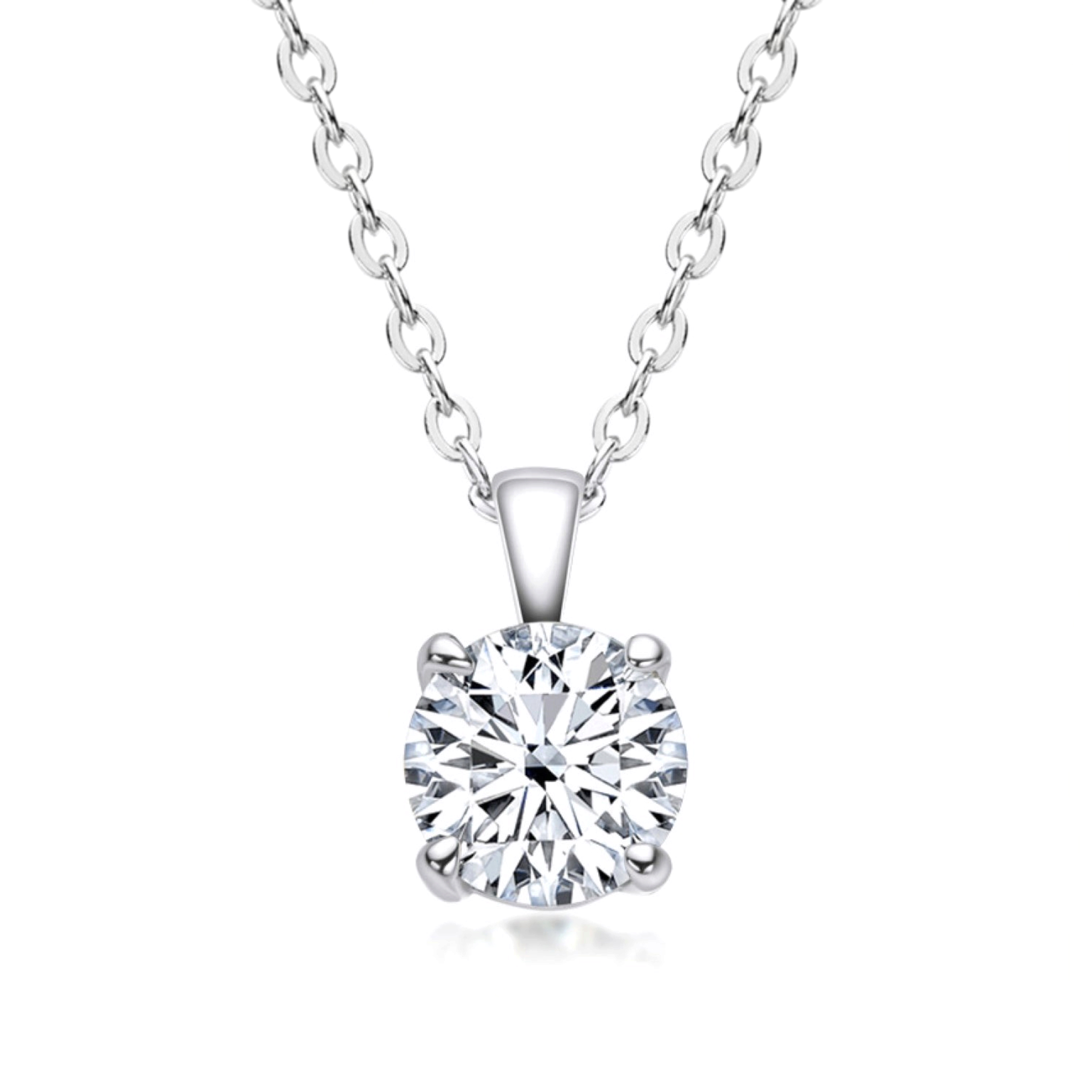 Beach Rose Co. 1 carat round moissanite solitaire pendant necklace in sterling silver with a delicate link chain.