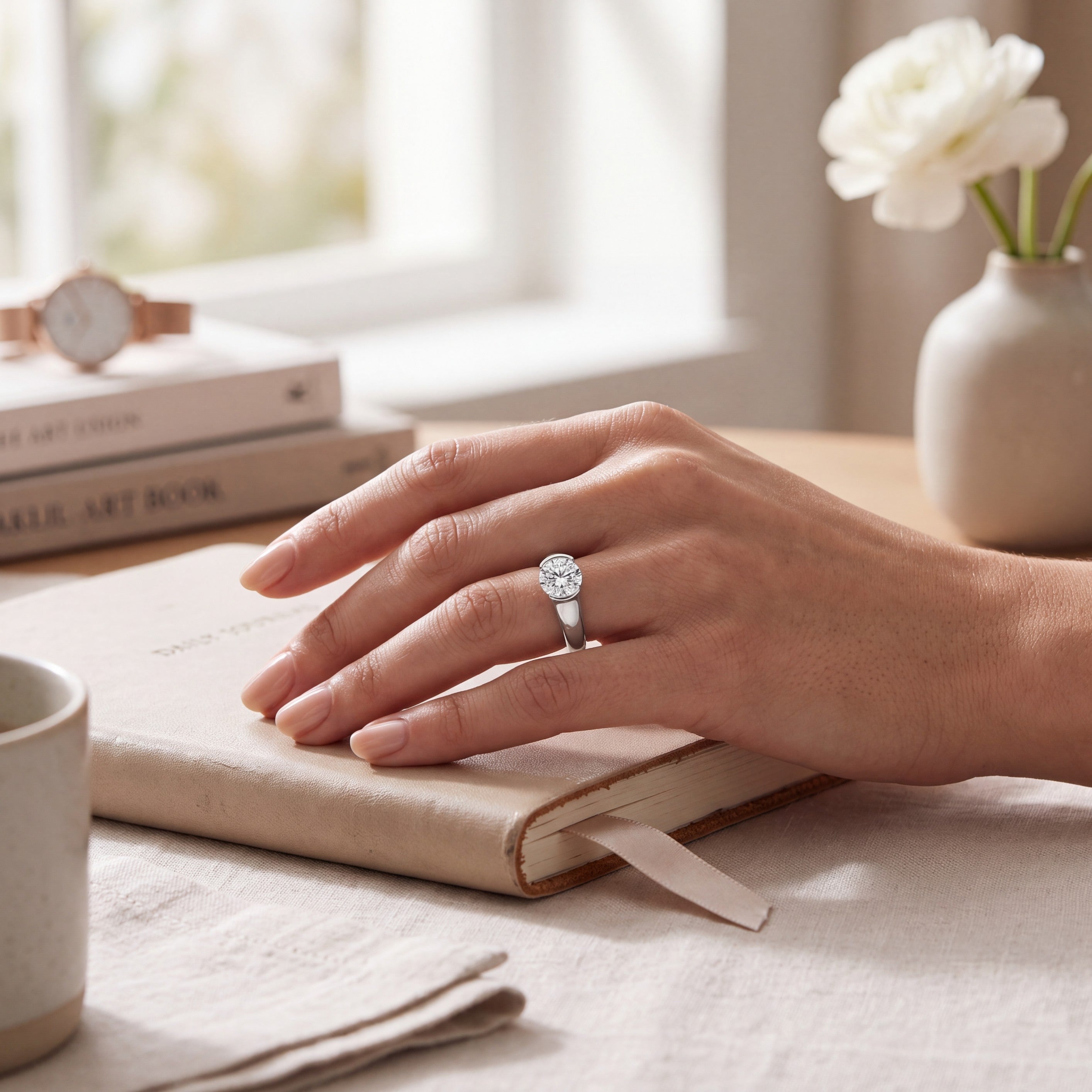 Beach Rose Co. 2 carat round moissanite solitaire ring in platinum-plated sterling silver with a half-bezel setting.
