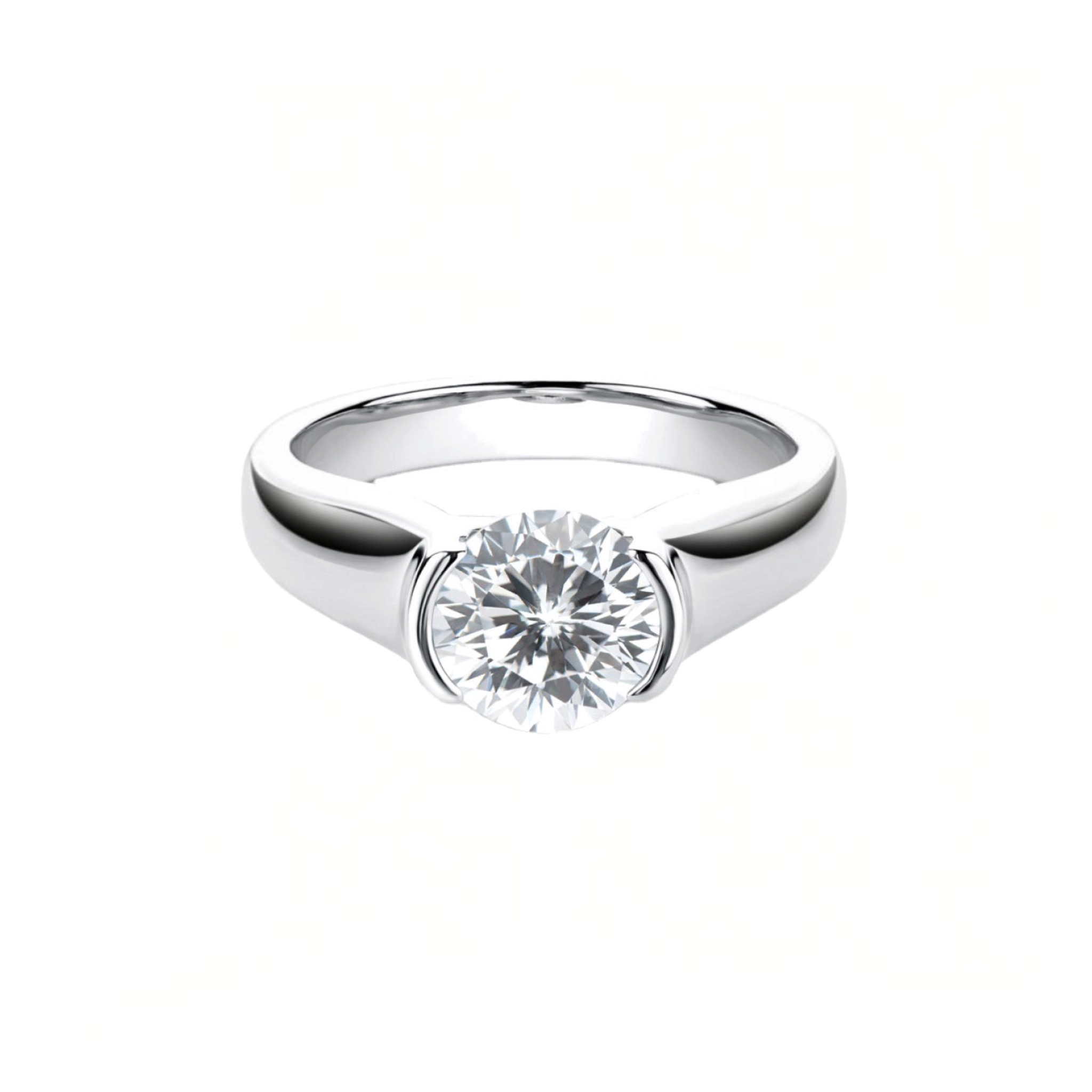 Beach Rose Co. 2 carat round moissanite solitaire ring in platinum-plated sterling silver with a half-bezel setting.