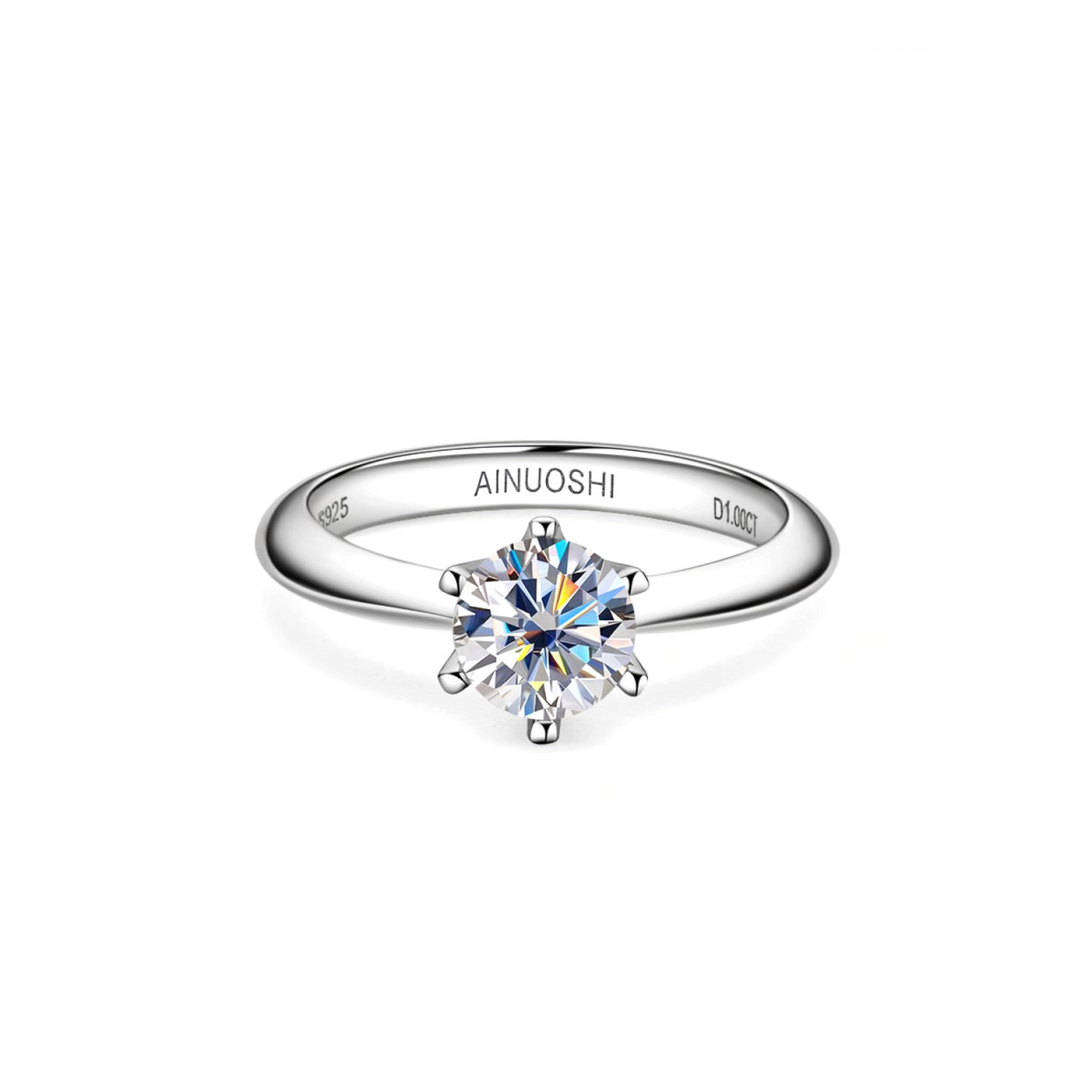 Beach Rose Co. 1 carat round moissanite solitaire ring in platinum-plated sterling silver with a six-prong setting.
