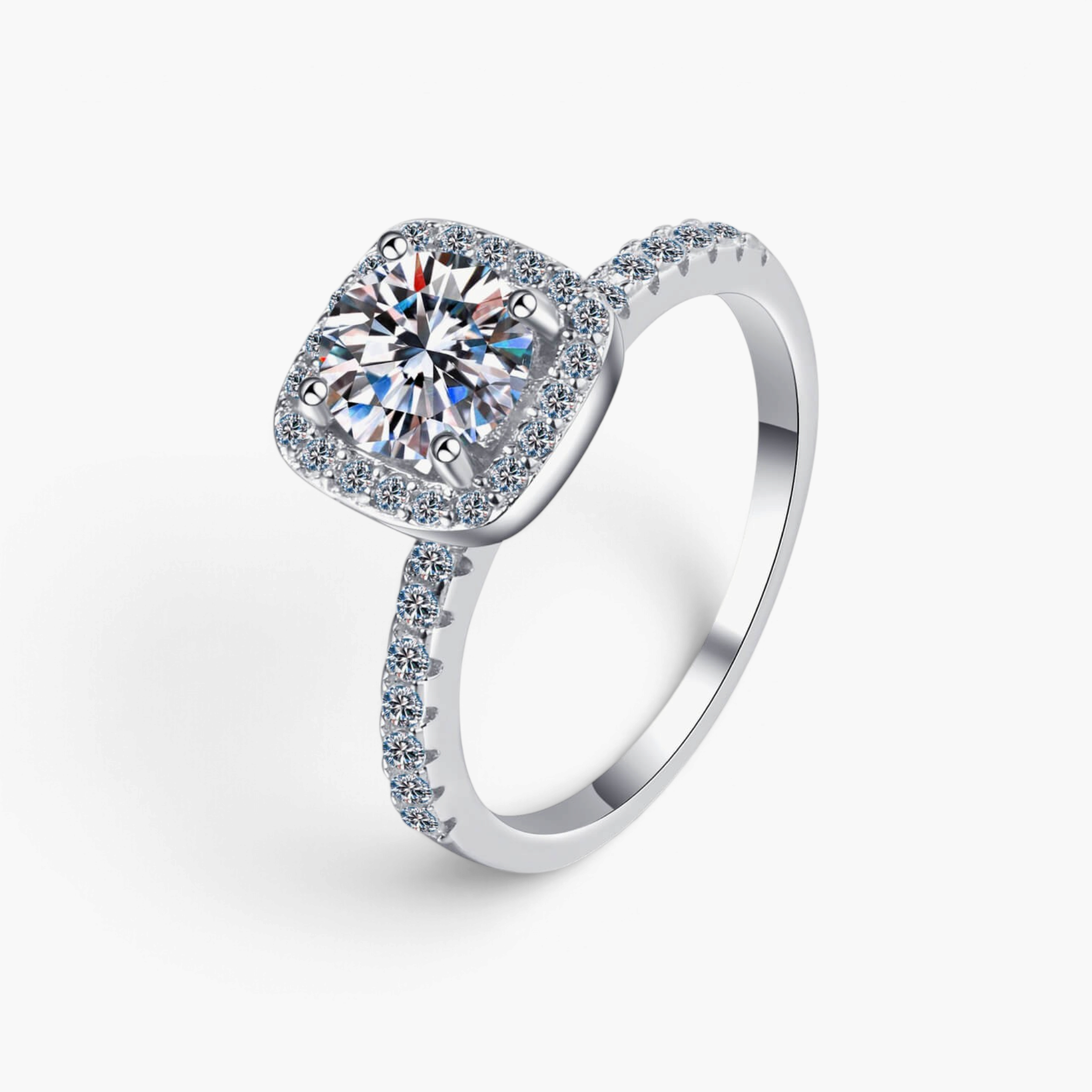 Beach Rose Co. 1 carat round moissanite square halo ring in rhodium-plated 925 sterling silver with zircon accents.