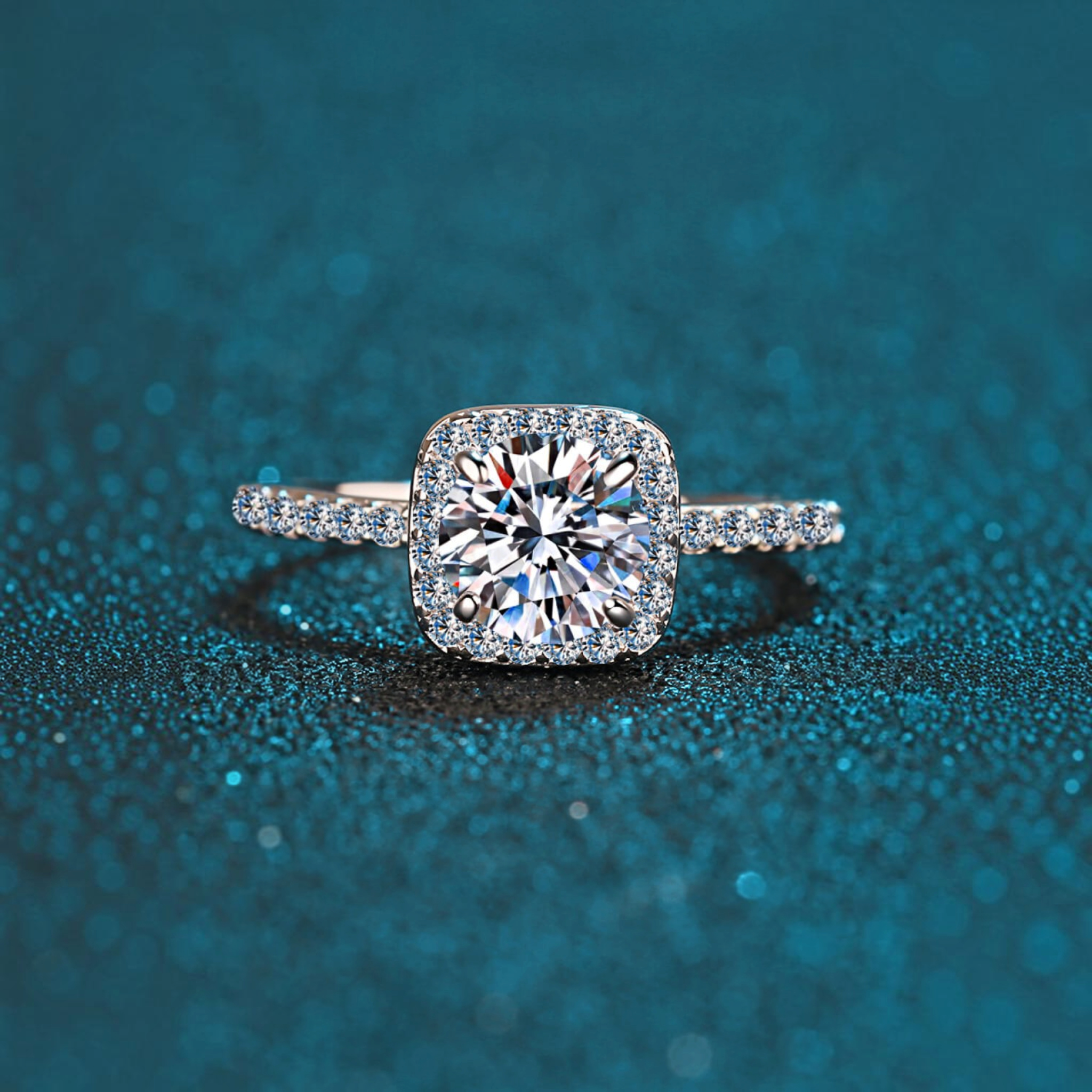 Beach Rose Co. 1 carat round moissanite ring with a square halo and zircon accents in rhodium-plated sterling silver.
