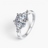 Beach Rose Co. 3 carat moissanite three-stone ring in rhodium-plated sterling silver with square and triangular cuts.