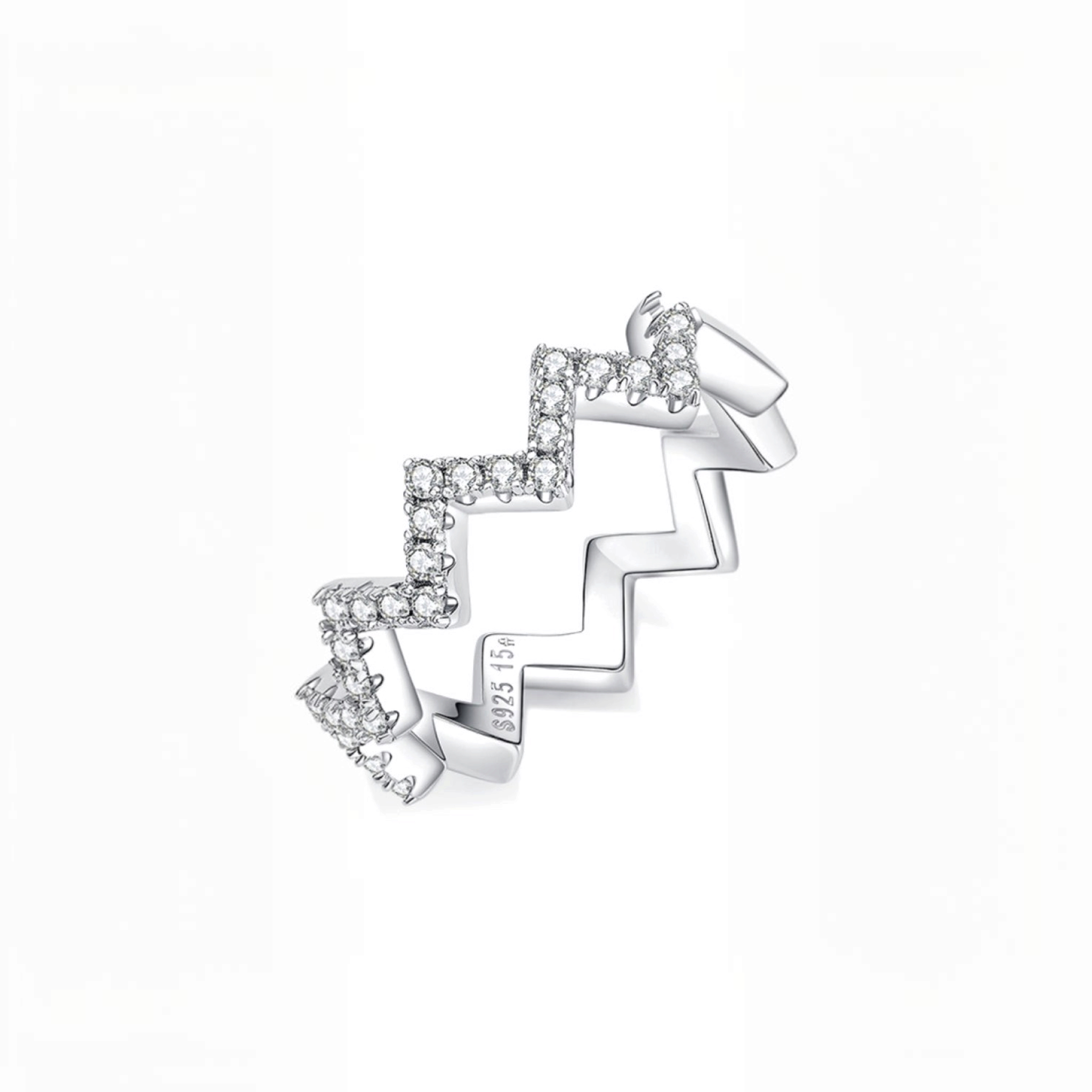 Beach Rose Co. platinum-plated sterling silver zigzag band ring featuring round moissanite stones on a geometric frame