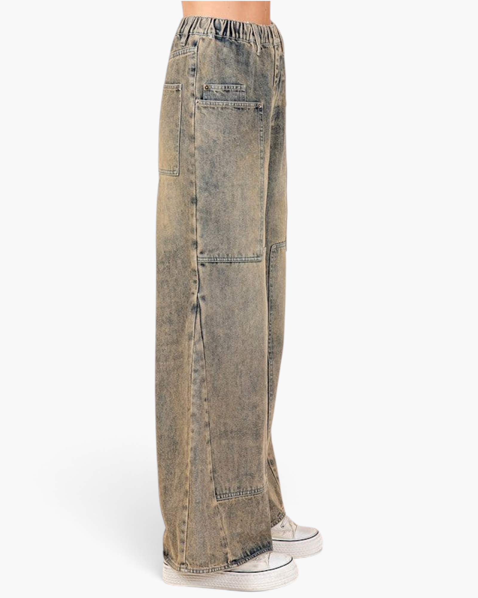 Beach Rose Co. mud-wash wide-leg jeans with utility paneling, oversized patch pockets, and elasticized back waist.
