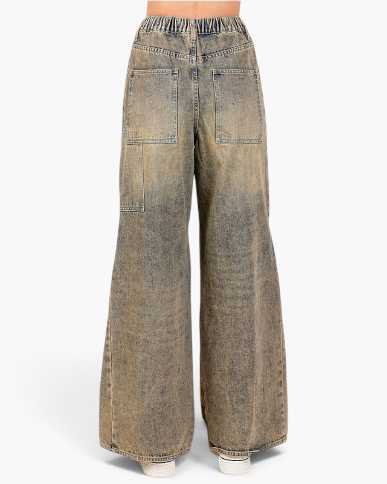 Beach Rose Co. mud-wash wide-leg jeans with an elasticized back waist and oversized patch pockets, back view.