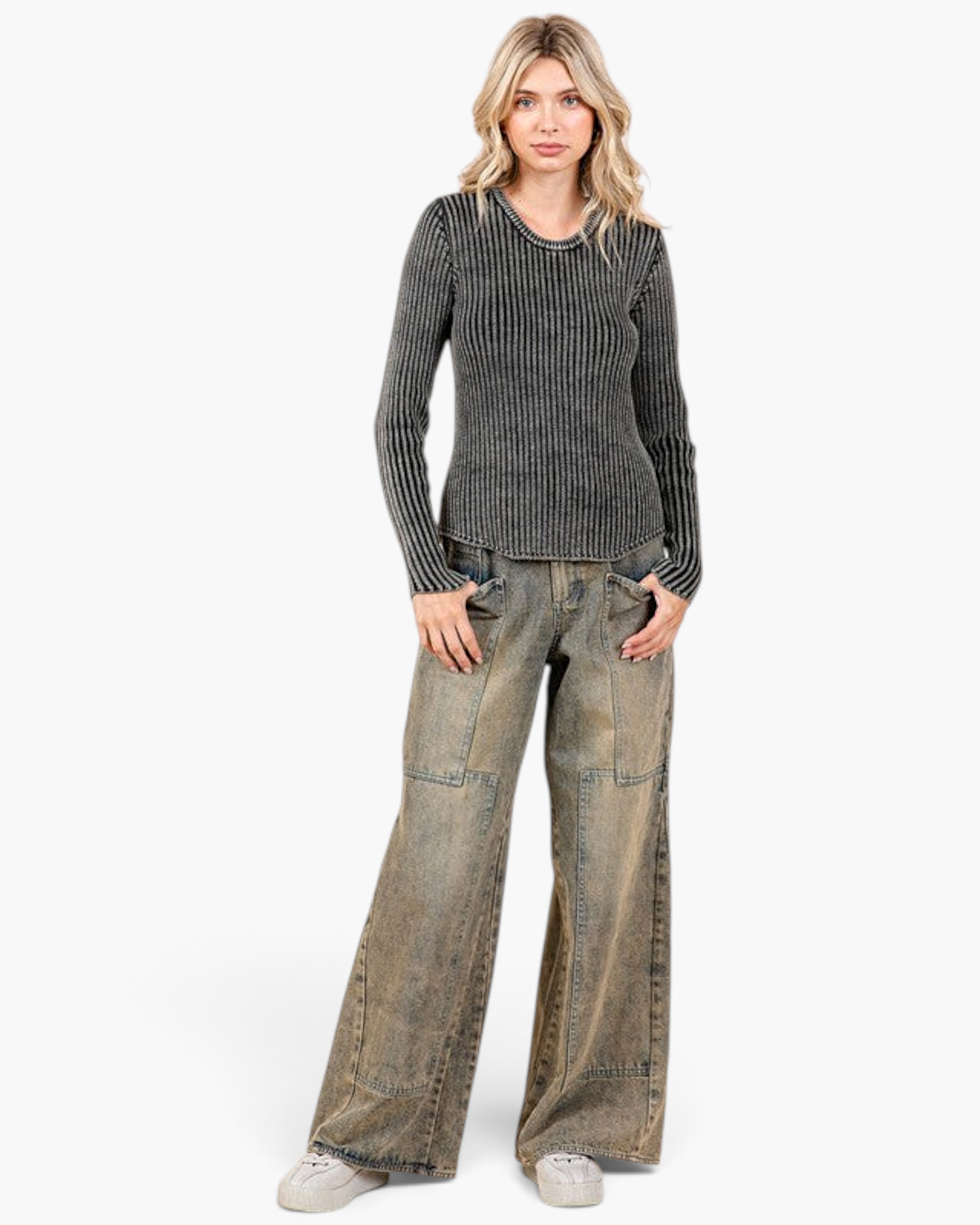 Beach Rose Co. model wearing mud-wash wide-leg jeans with oversized patch pockets and utility panel detailing.