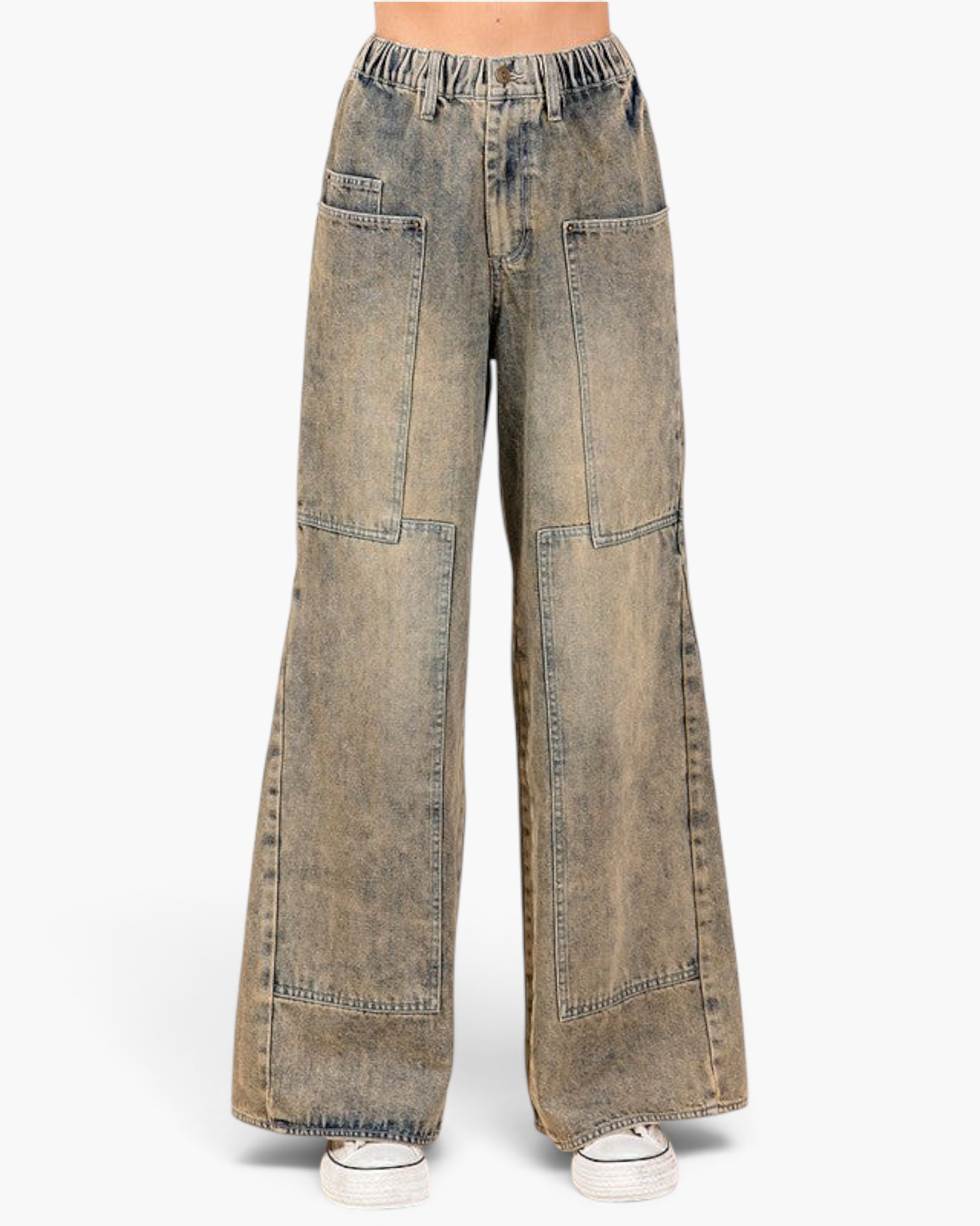 Beach Rose Co. mud-wash wide-leg jeans with oversized patch pockets, utility paneling, and elasticized back waist.
