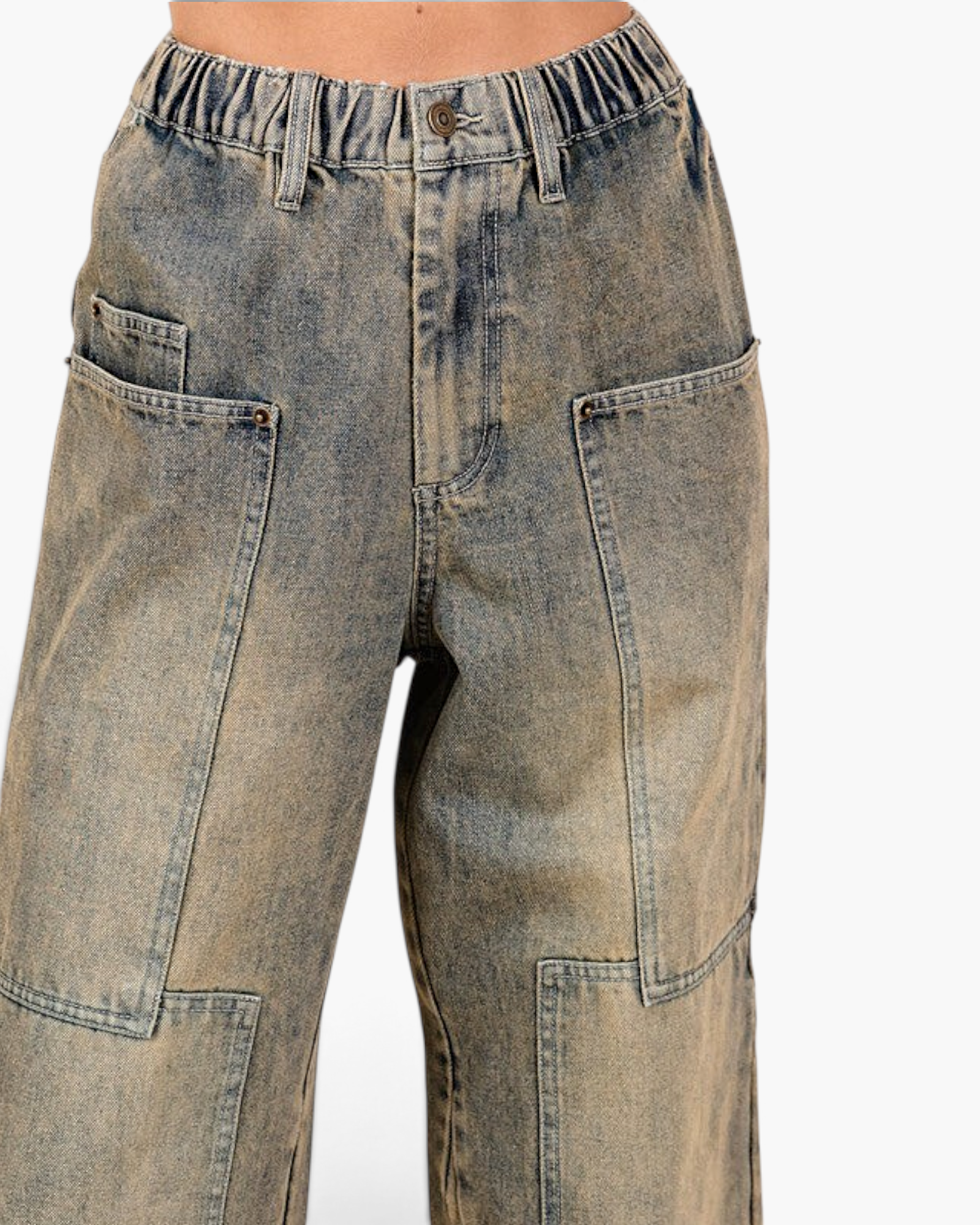 Beach Rose Co. mud-wash wide-leg jeans with oversized patch pockets, utility paneling, and elasticized back waist.