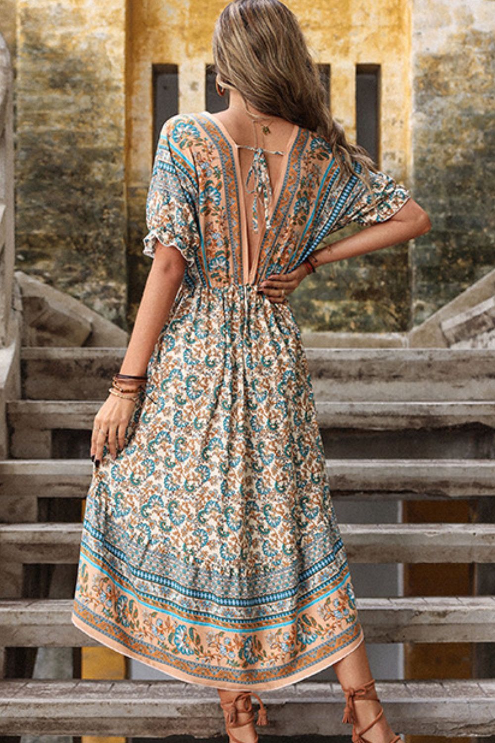 Beach Rose Co. - Multicolor Bohemian High - Low Hem Open Back Midi Dress