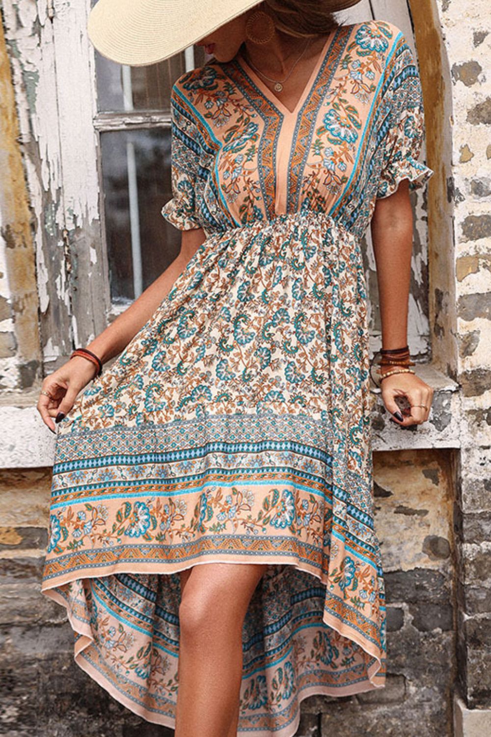 Beach Rose Co. - Multicolor Bohemian High - Low Hem Open Back Midi Dress