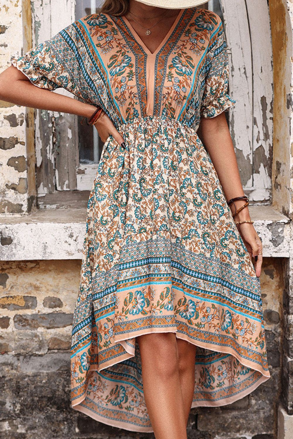 Beach Rose Co. - Multicolor Bohemian High - Low Hem Open Back Midi Dress