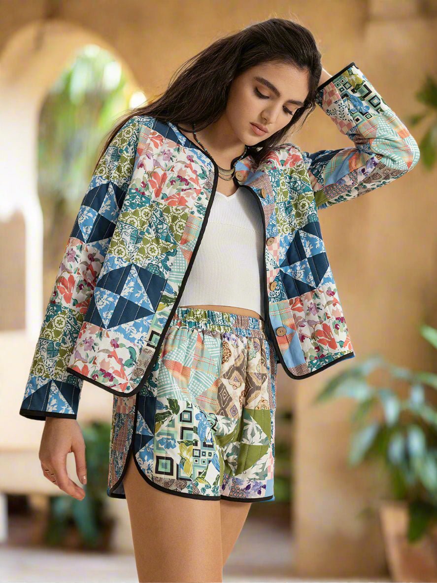 Beach Rose Co. - Multicolor Button Up Quilted Long Sleeve Top & Shorts Set