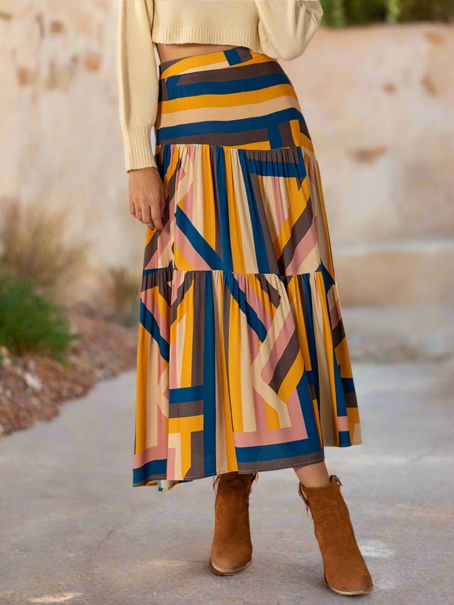 Beach Rose Co. - Multicolor Geometric Elastic Waist Midi Skirt