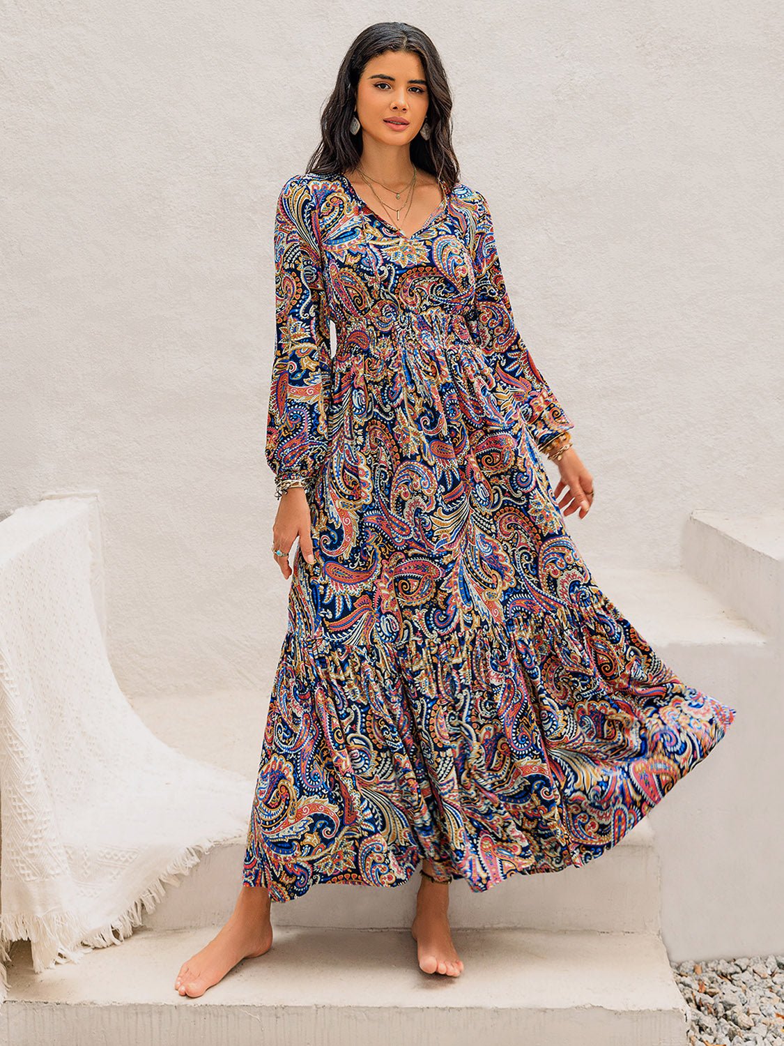 Beach Rose Co. - Multicolor Paisley Print Tie Neck Long Sleeve Maxi Dress