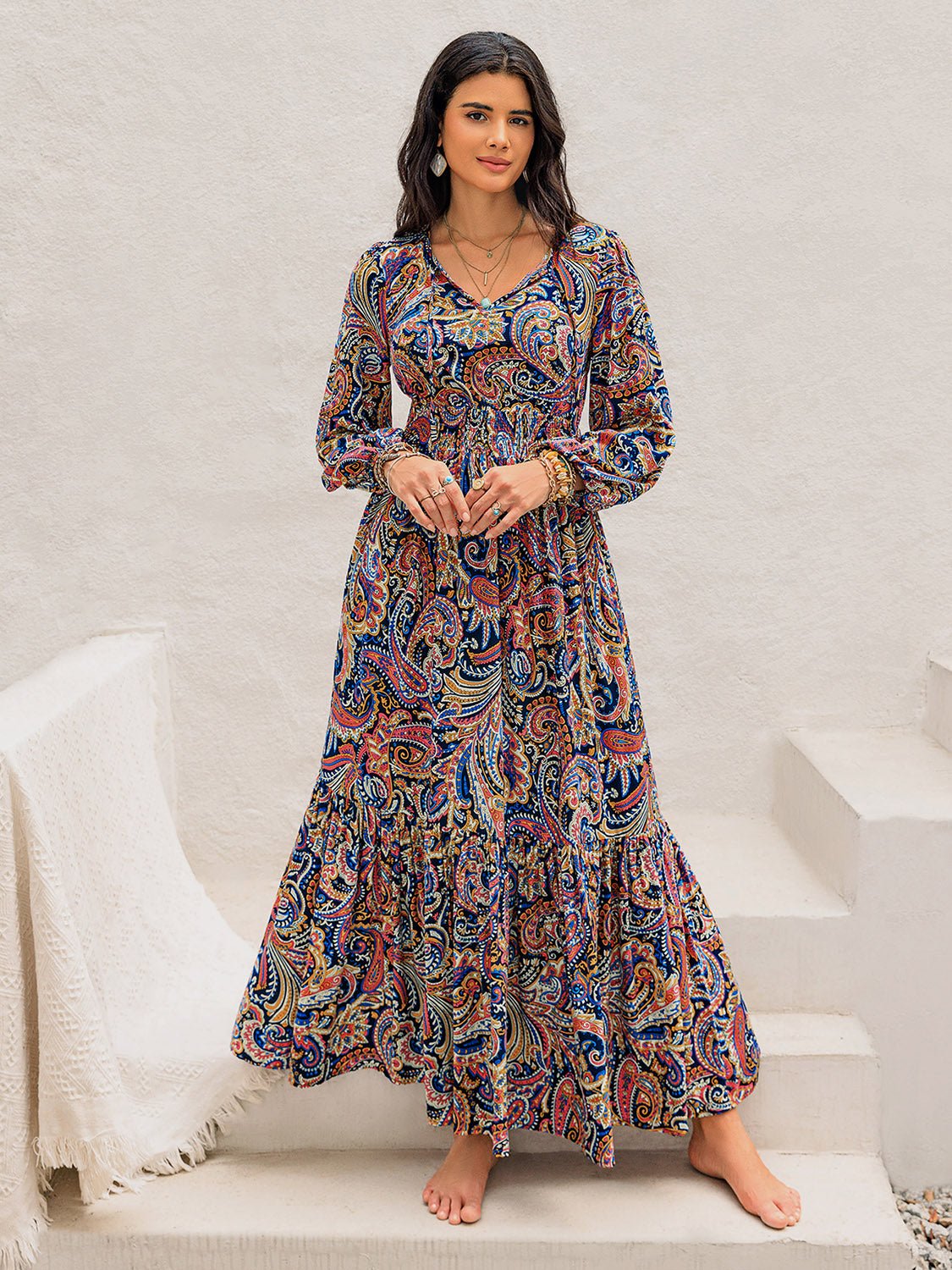 Beach Rose Co. - Multicolor Paisley Print Tie Neck Long Sleeve Maxi Dress