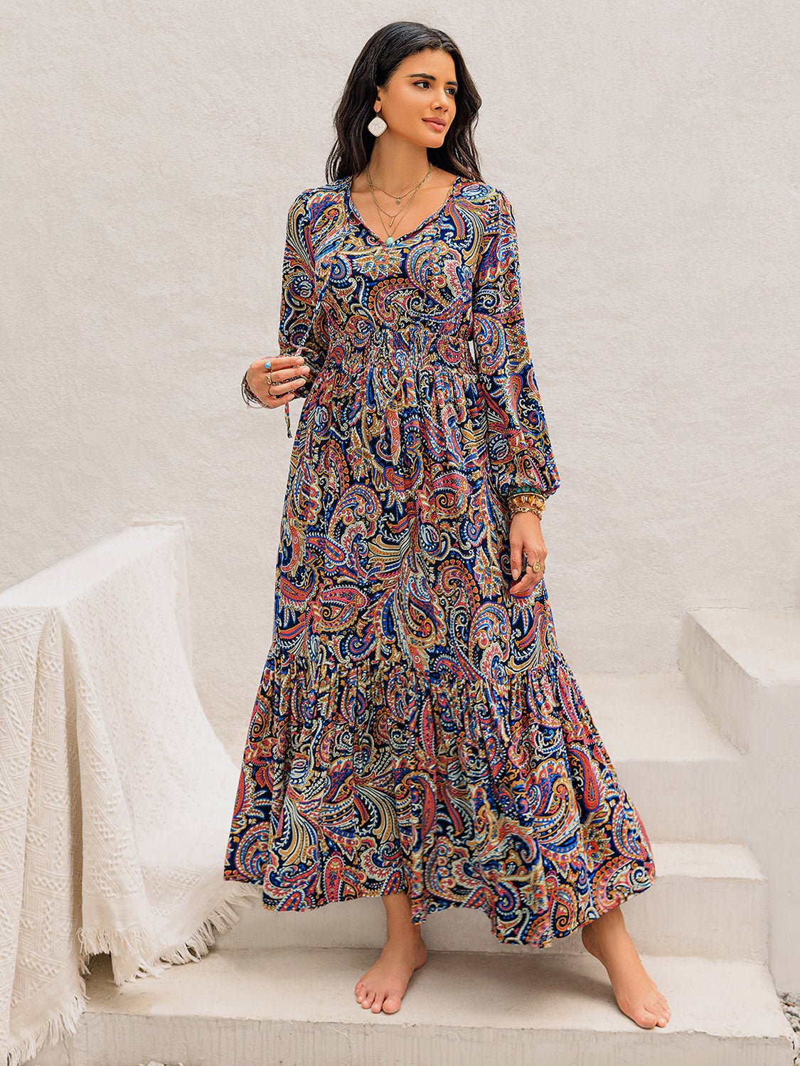 Beach Rose Co. - Multicolor Paisley Print Tie Neck Long Sleeve Maxi Dress