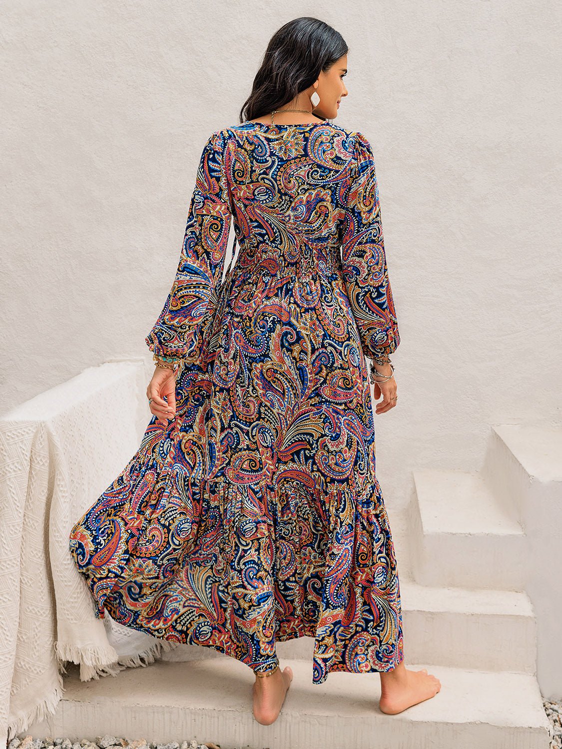 Beach Rose Co. - Multicolor Paisley Print Tie Neck Long Sleeve Maxi Dress