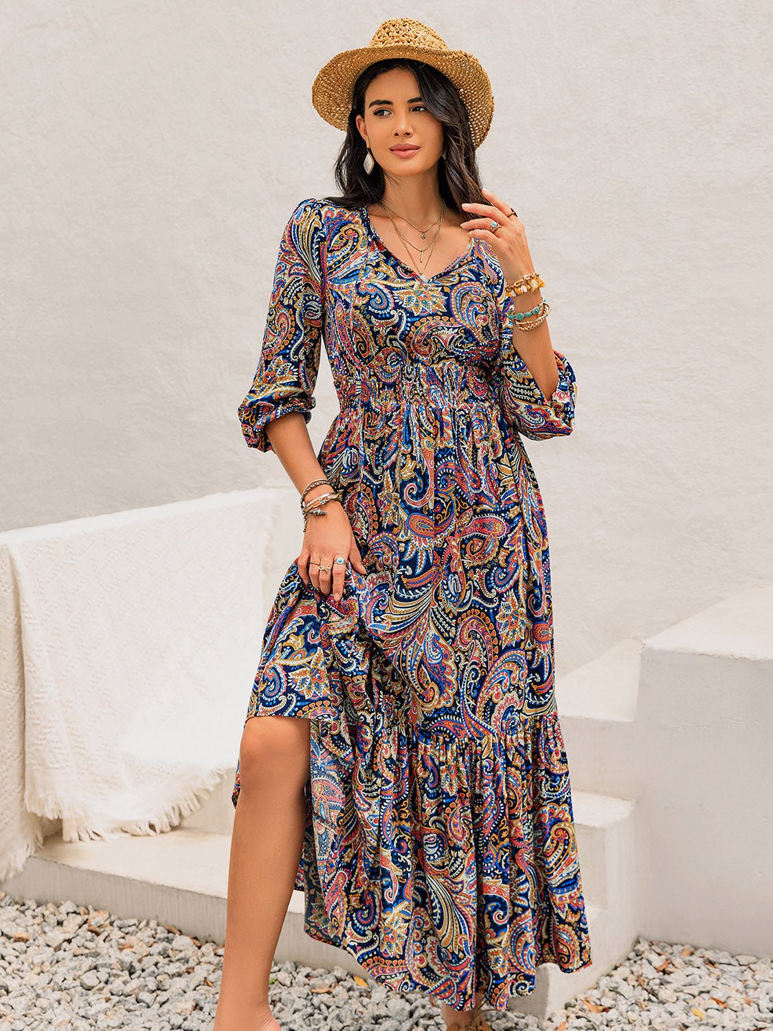 Beach Rose Co. - Multicolor Paisley Print Tie Neck Long Sleeve Maxi Dress