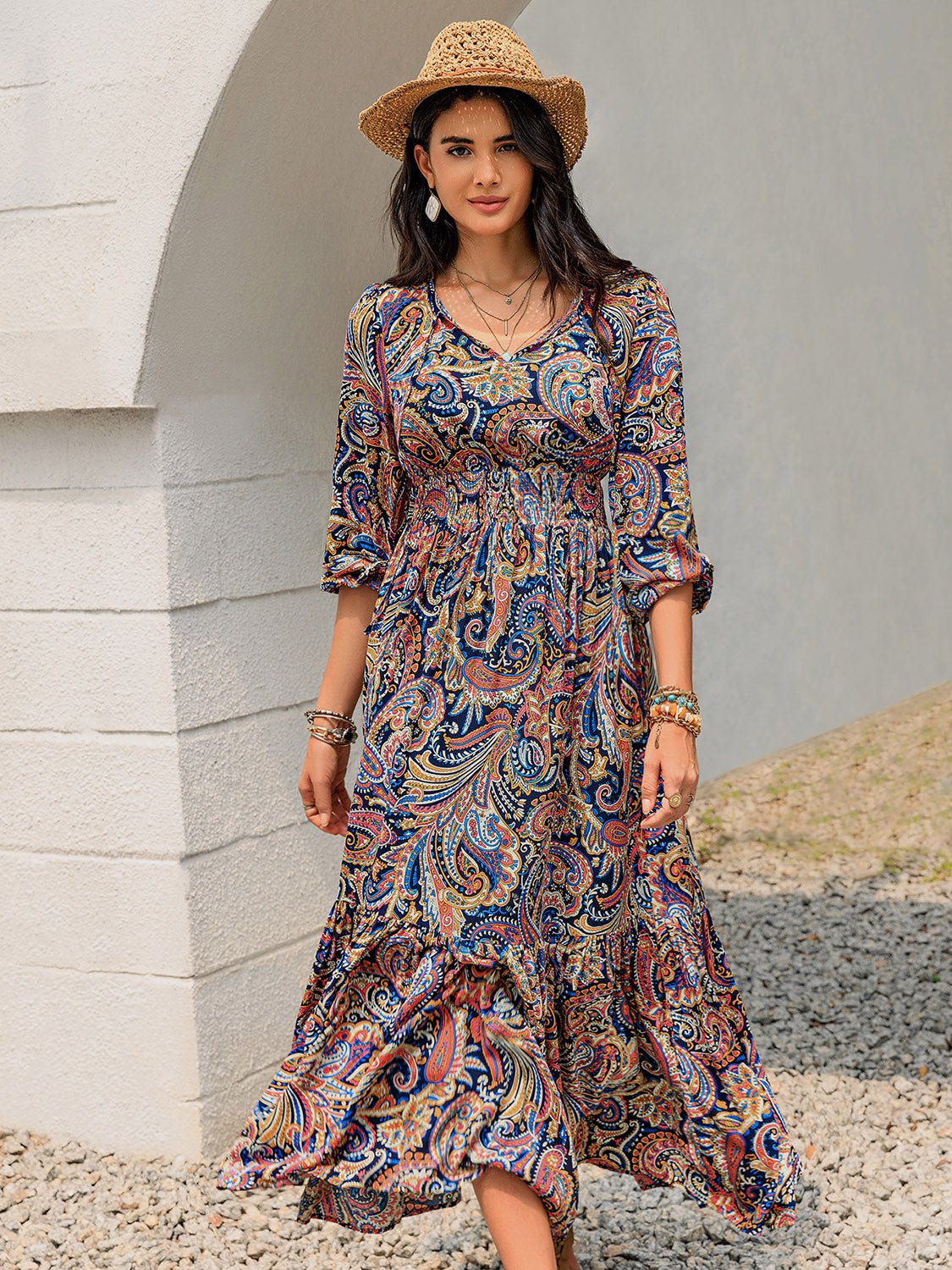 Beach Rose Co. - Multicolor Paisley Print Tie Neck Long Sleeve Maxi Dress