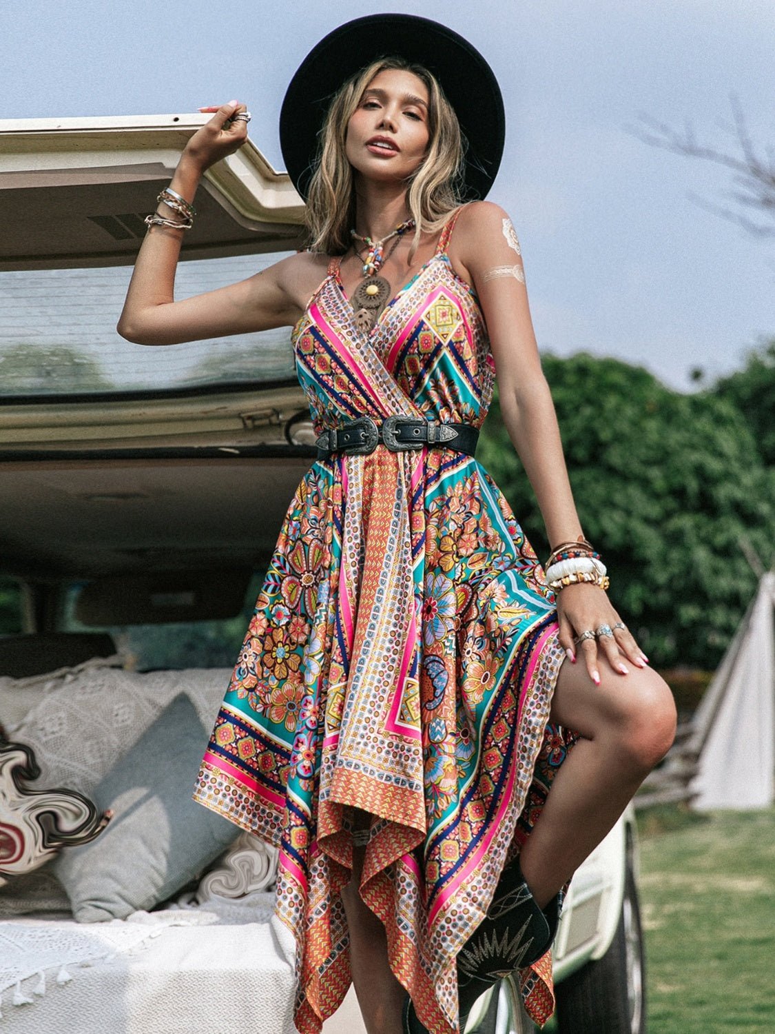 Beach Rose Co. - Multicolor Printed Surplice Handkerchief Hem Midi Cami Dress