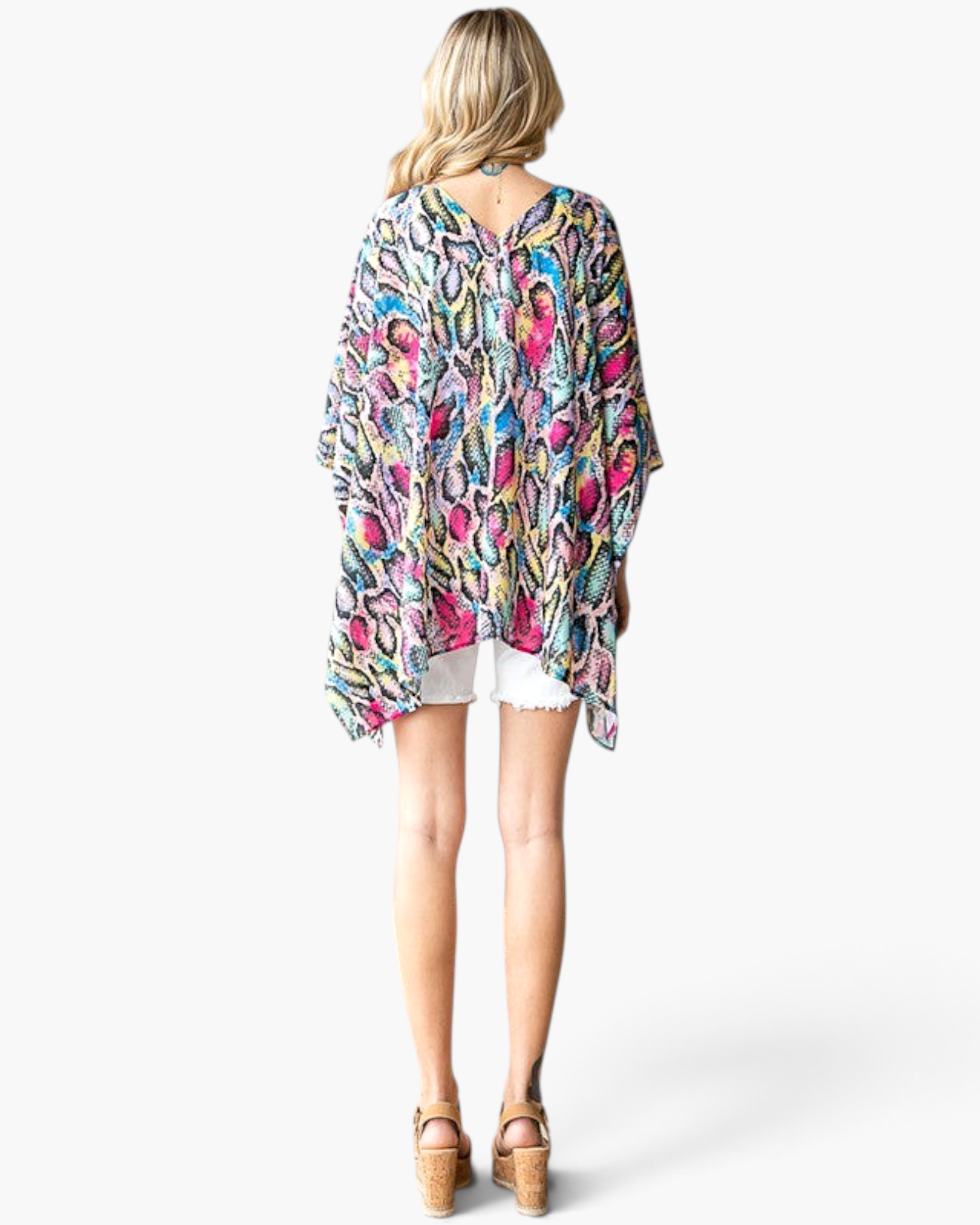 Beach Rose Co. multicolor snake print kimono with an asymmetrical hem and flowy oversized fit, back view.