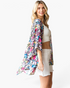 Beach Rose Co. multicolor snake print kimono with an open-front design and flowy sleeves worn by a blonde model.