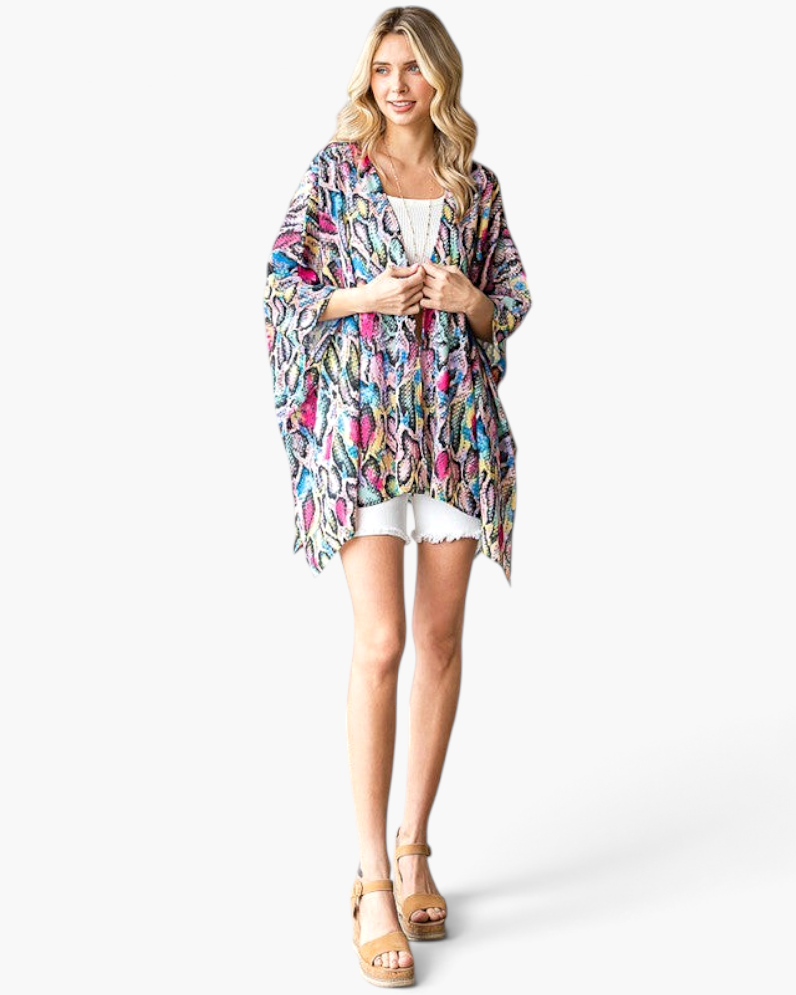 Beach Rose Co. multicolor snake print kimono with an open-front, draped silhouette and asymmetrical hem on a model.
