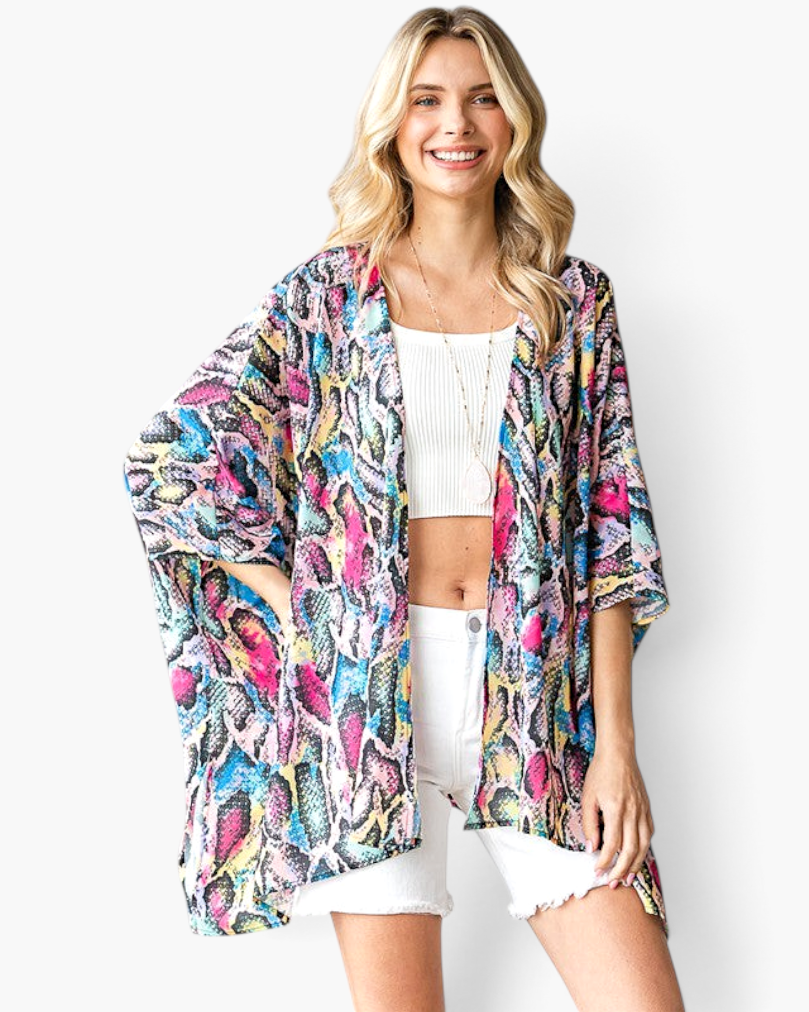 Beach Rose Co. multicolor snake print kimono with an open-front design and flowy sleeves worn by a smiling model.