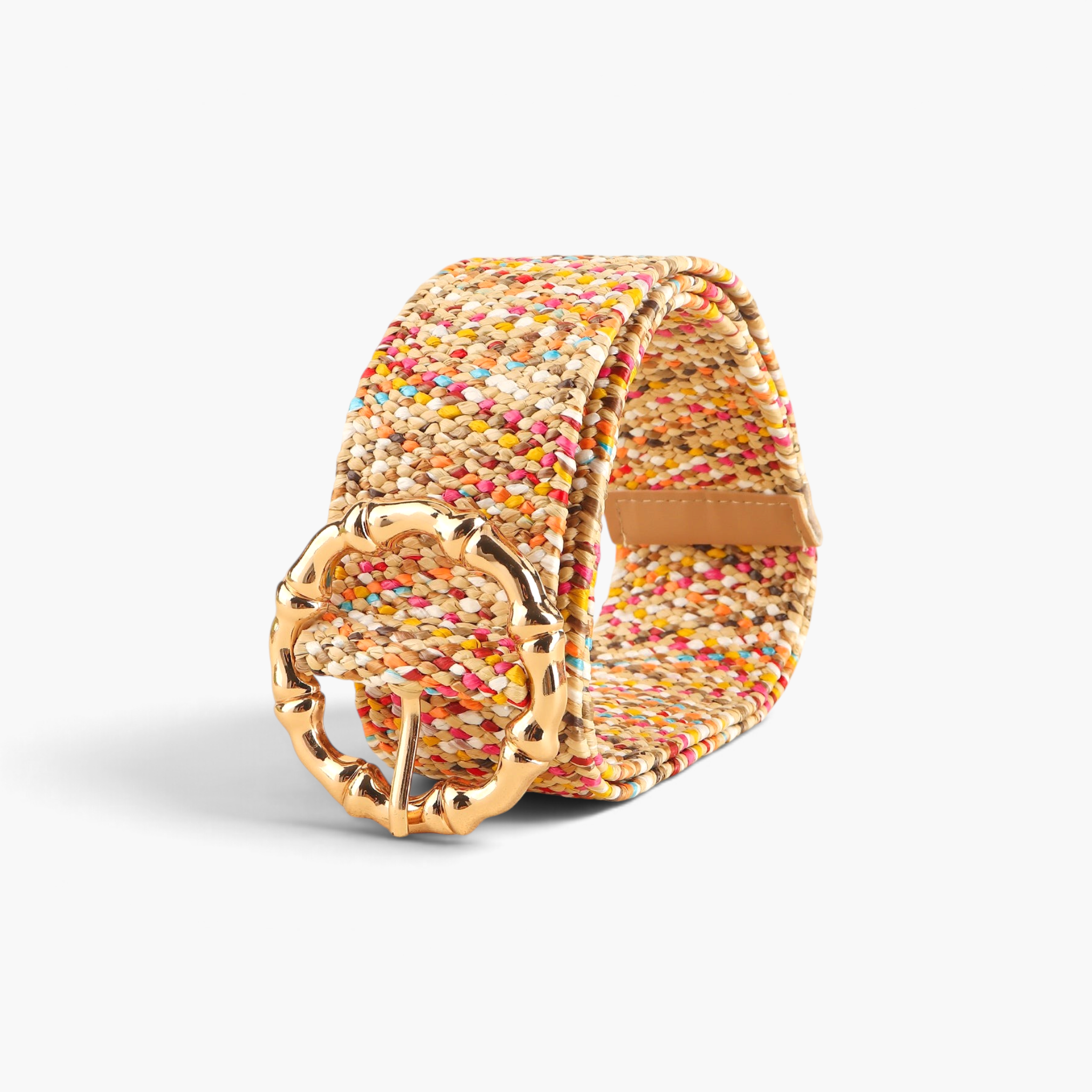 Beach Rose Co. multicolor woven belt featuring a wide band with bright flecks and a gold-tone bamboo-style buckle.