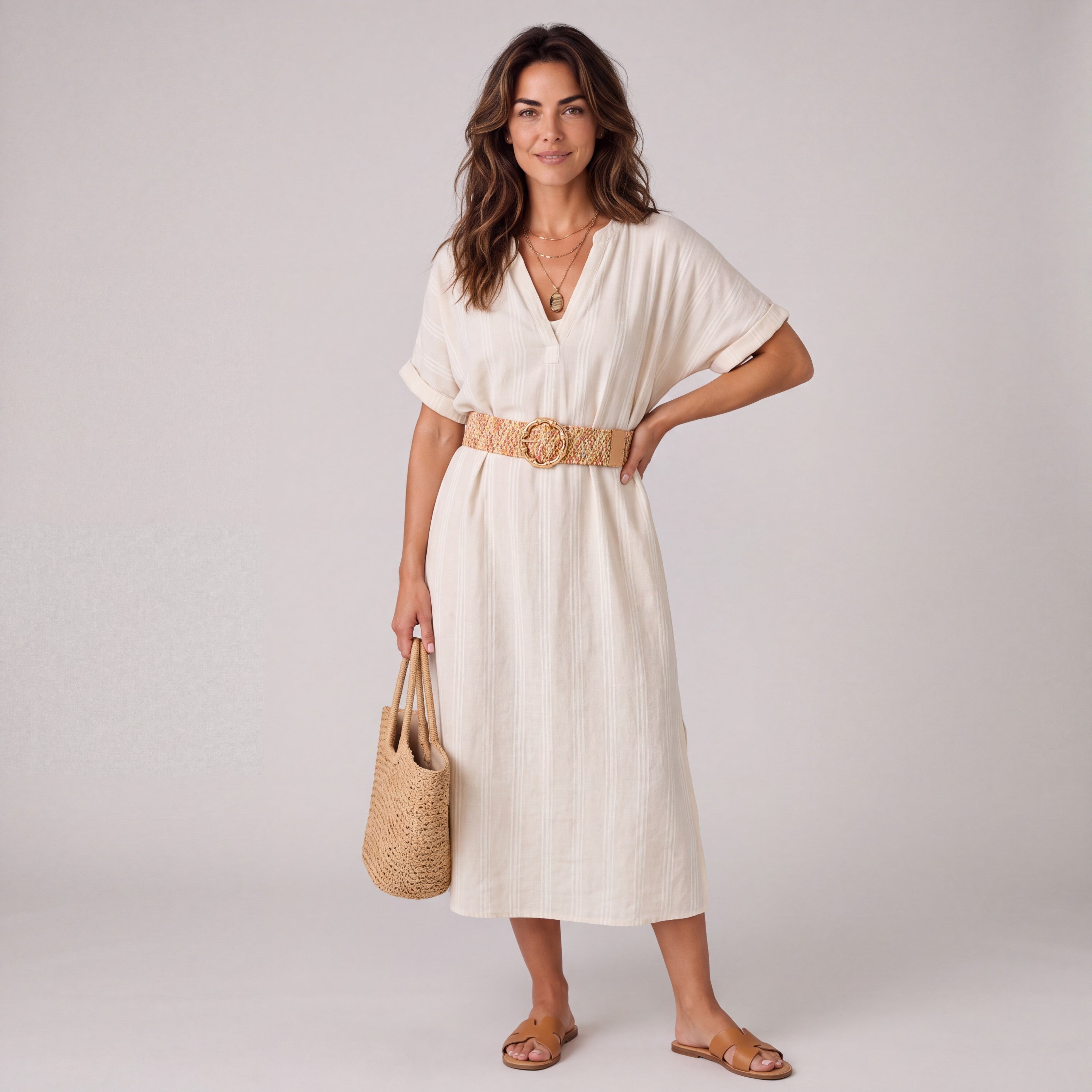 Beach Rose Co. multicolor woven belt with gold bamboo-style buckle worn by a woman in a white dress