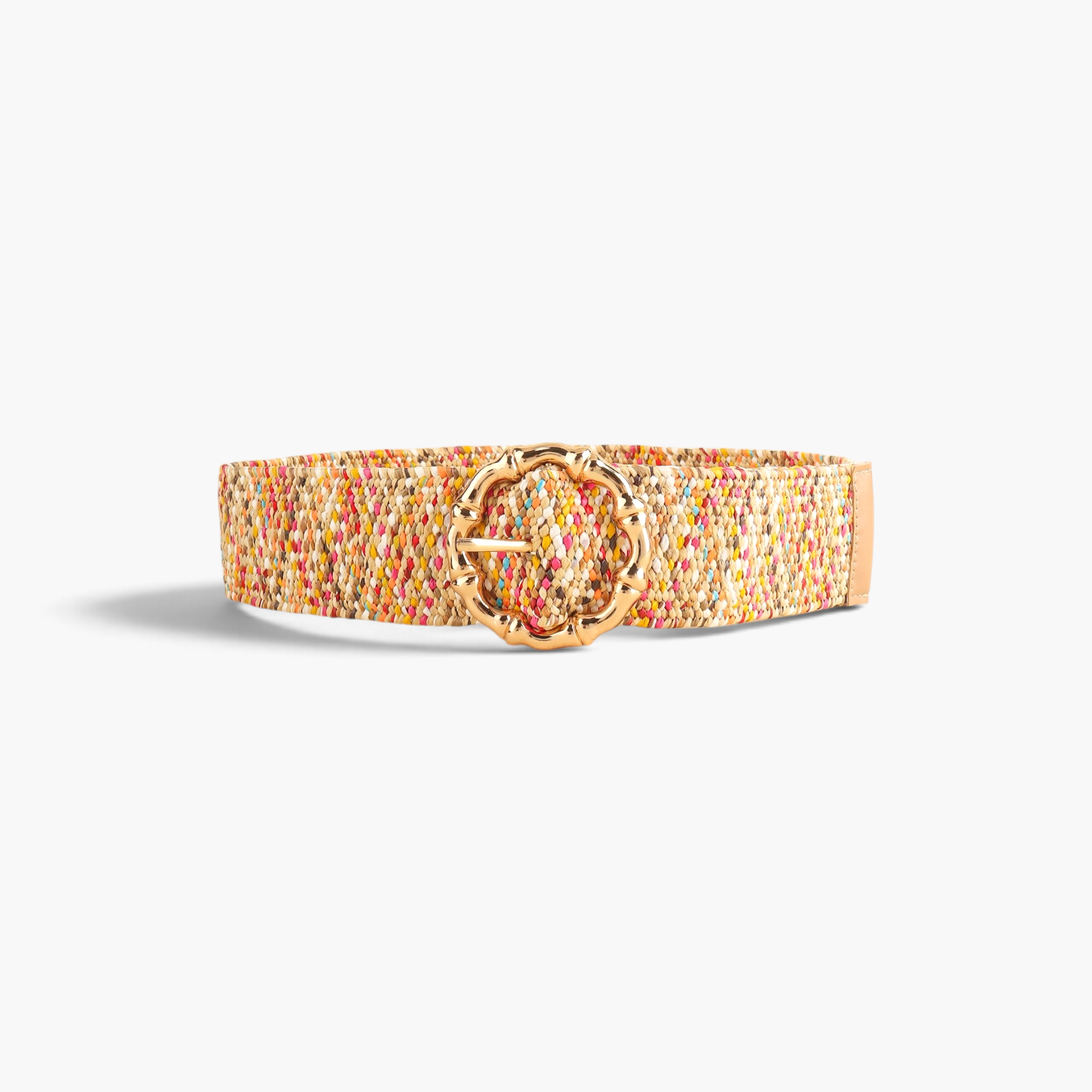 Beach Rose Co. multicolor woven belt featuring a wide band and a round gold-tone bamboo-style buckle.