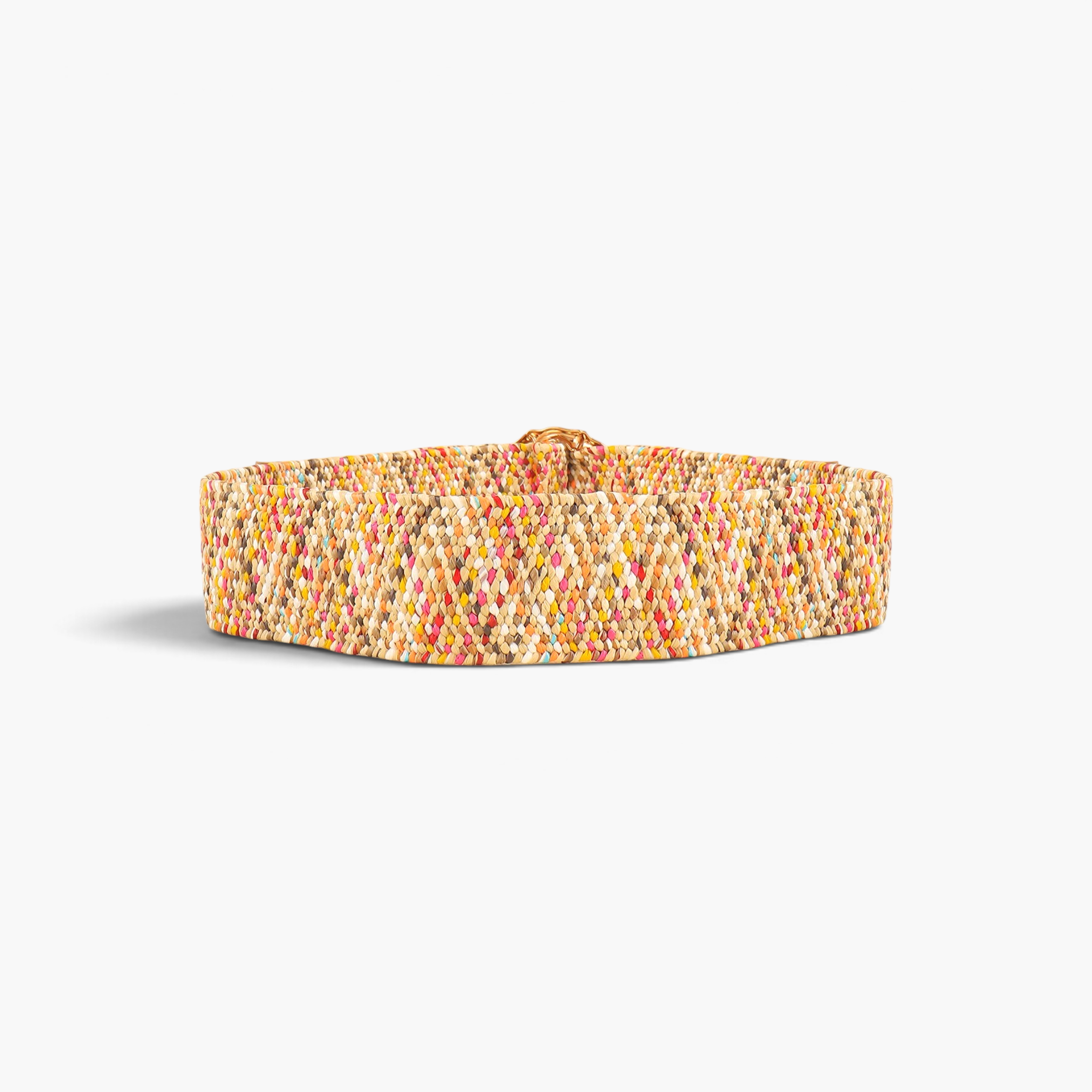 Beach Rose Co. wide multicolor woven belt featuring a gold-tone bamboo-style buckle and textured polyester band.