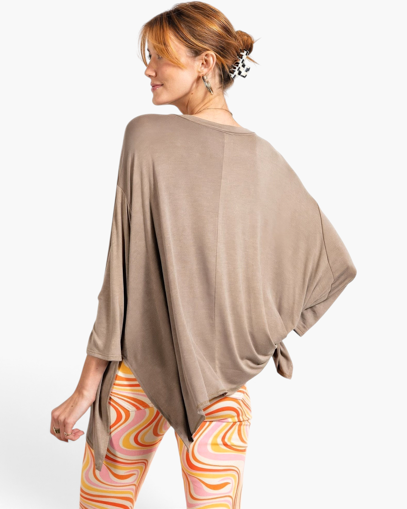 Beach Rose Co. mushroom washed top with 3/4 sleeves, rounded neckline, and oversized fit on a model