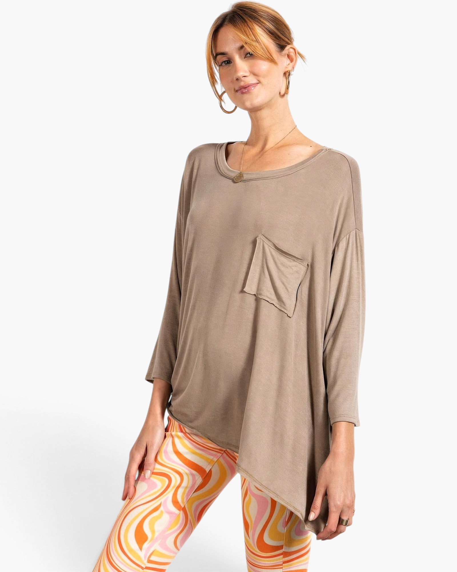 Beach Rose Co. mushroom washed top with rounded neckline, 3/4 sleeves, and chest pocket on a model.