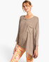Beach Rose Co. mushroom washed top with rounded neckline, 3/4 sleeves, and chest pocket on a model.