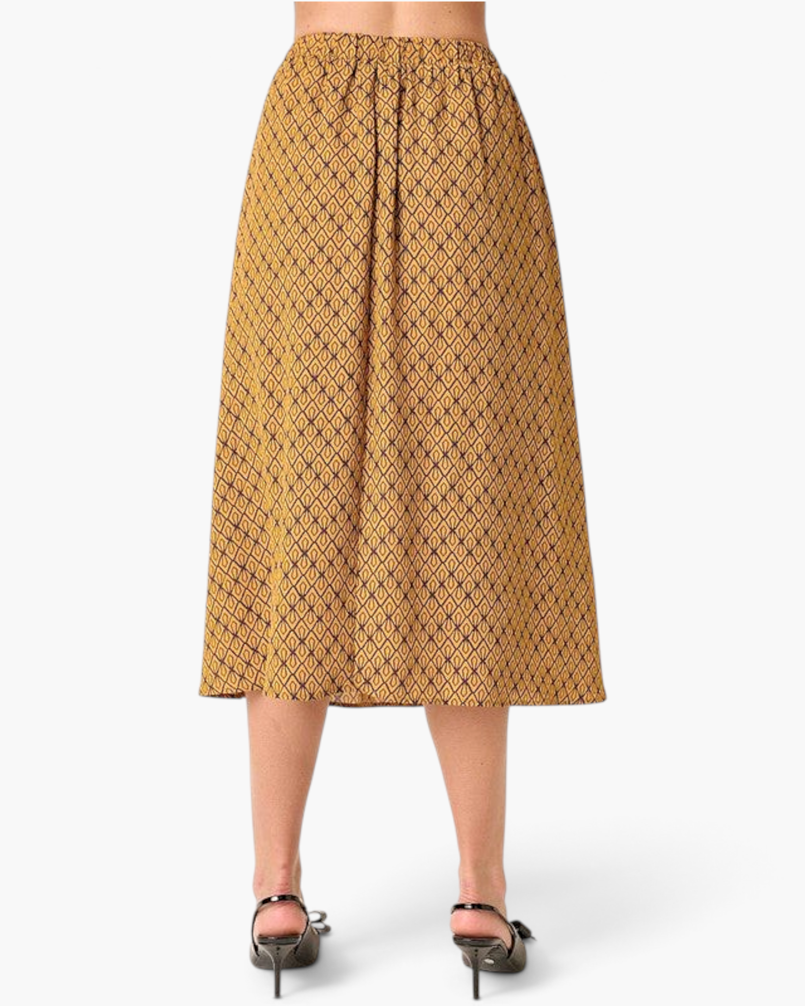 Beach Rose Co. mustard midi skirt with a geometric print, elastic waistband, and flowy silhouette, back view.