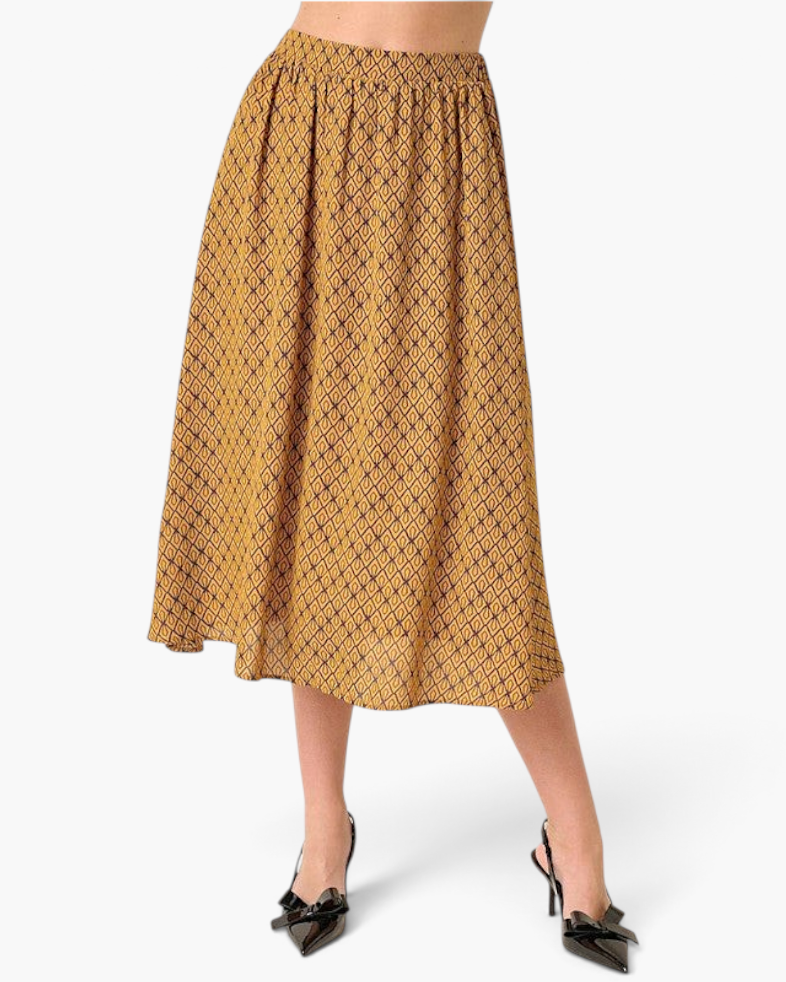 Beach Rose Co. mustard midi skirt with a geometric print, elastic waistband, and flowy gathered silhouette.
