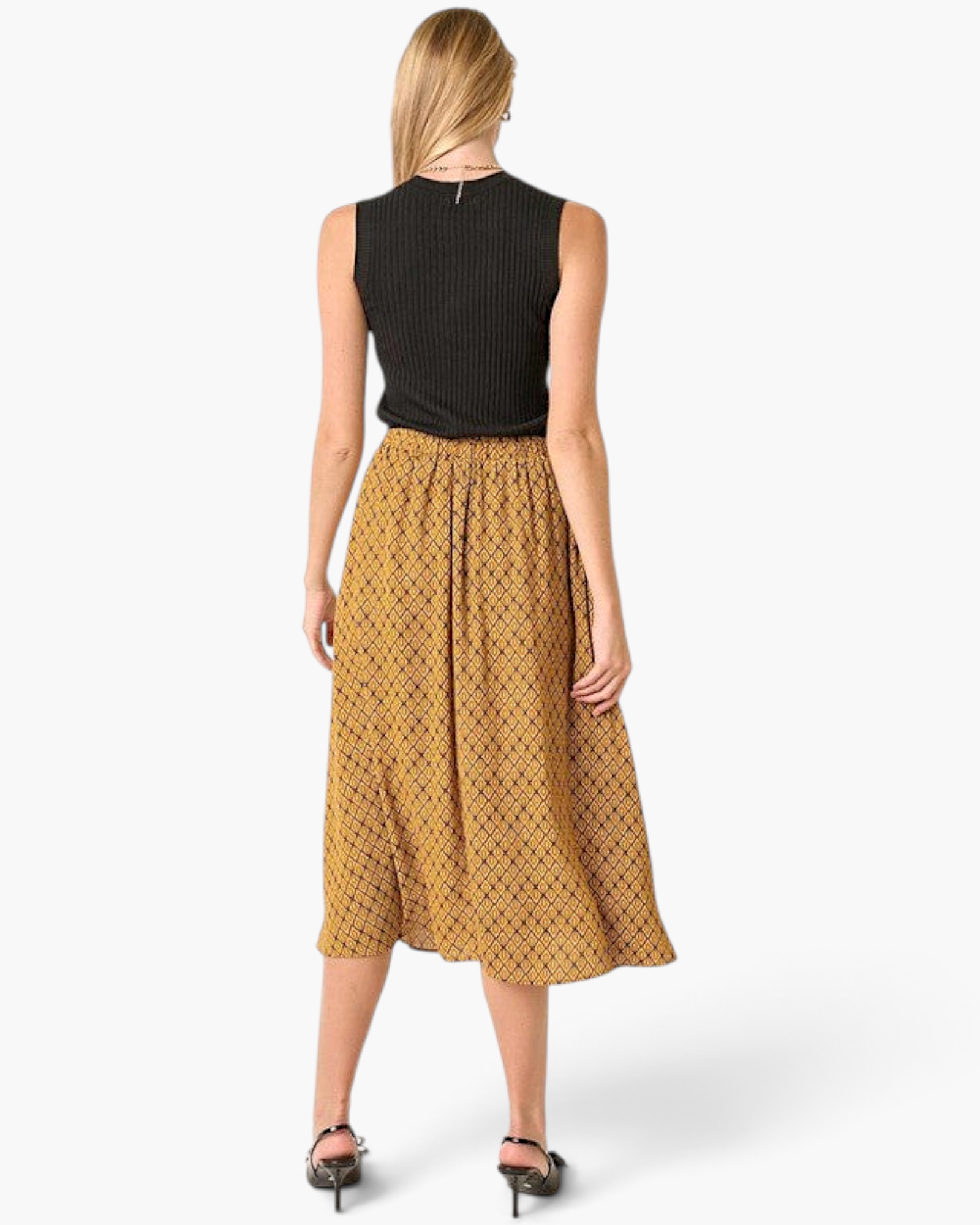 Beach Rose Co. mustard midi skirt with geometric print, elastic waistband, and flowy silhouette, back view.