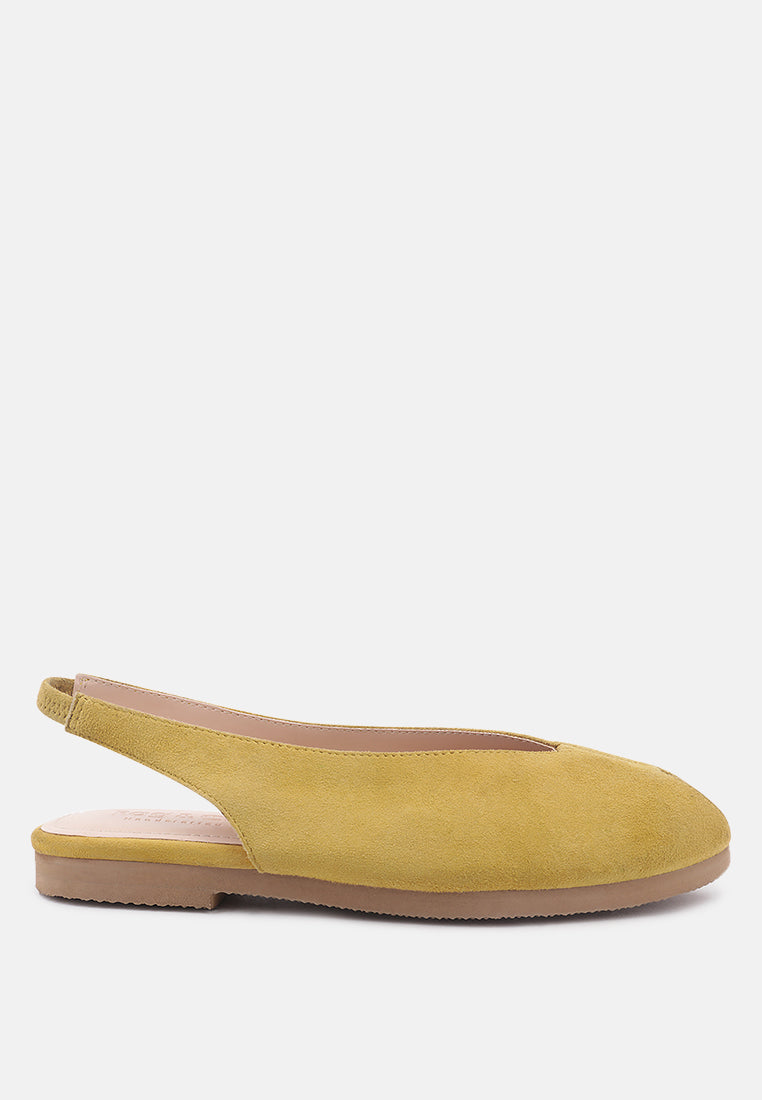 Beach Rose Co. mustard yellow genuine suede slingback flats with a peep-toe design and cushioned footbed.