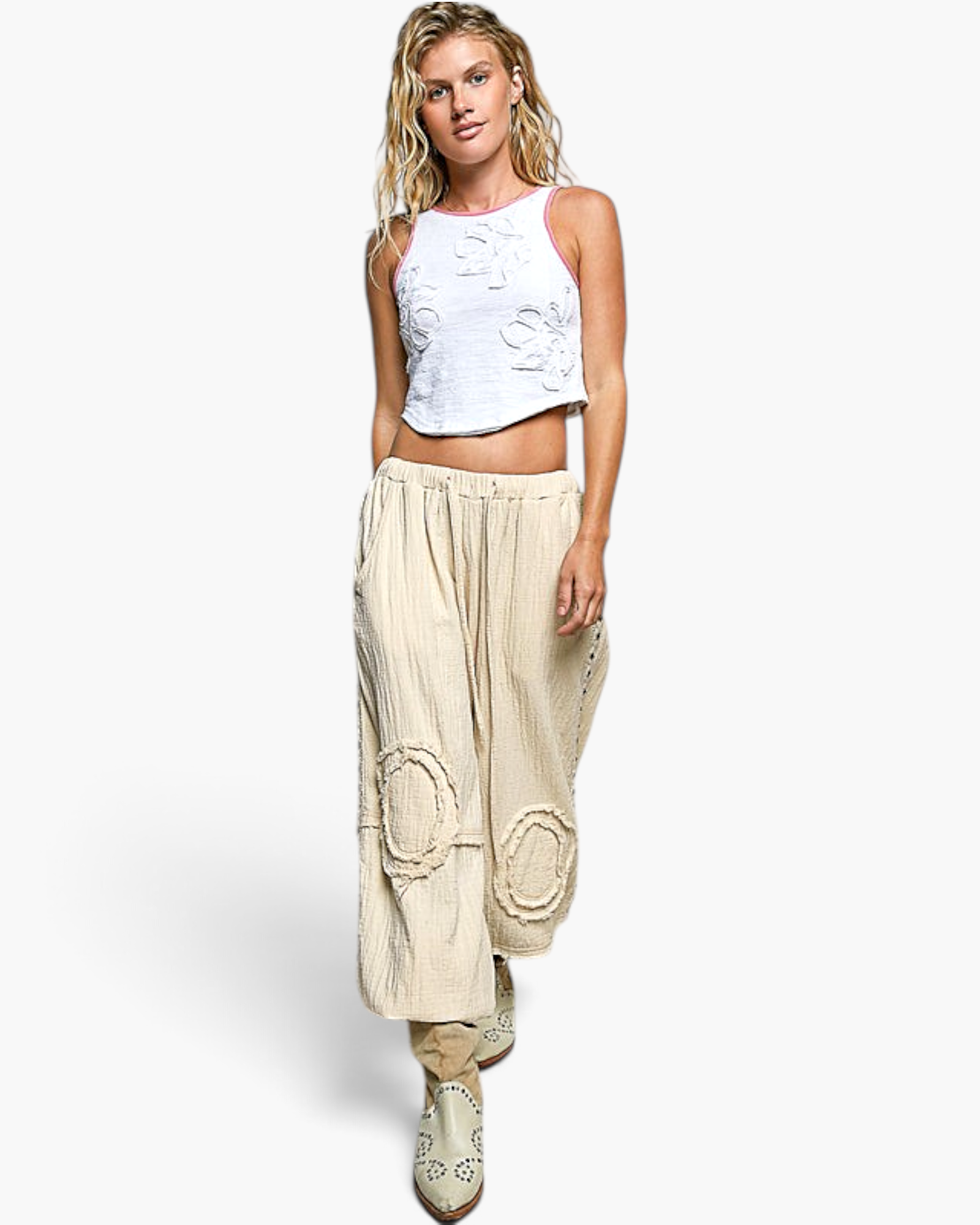 Beach Rose Co. natural cotton double-gauze jogger pants with studded side seams and raw-edge patch details