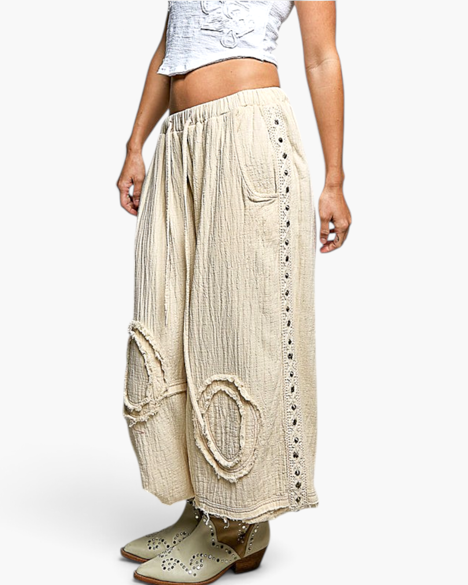 Beach Rose Co. natural cotton double-gauze jogger pants with studded side seams and raw-edge patch details