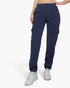 Beach Rose Co. navy blue polyester cargo sweatpants with side pockets, drawstring waist, and cuffed ankles.
